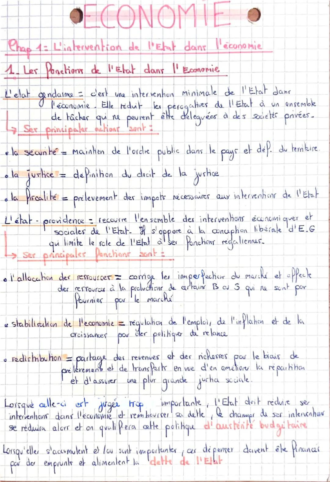 •ECONOMIE •
Chap 1 = L'intervention de l'Etat dans l'économie
1. Ler Poactions de l'Etat dans l'Economie
L'elat gendarme = c'est une interve