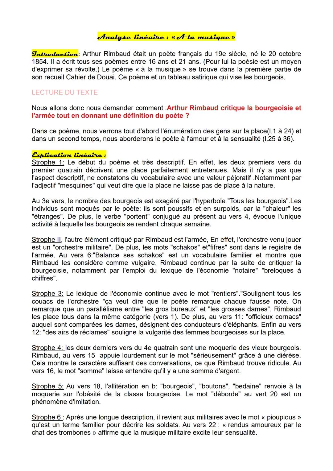 Analyse linéaire – Poème de Rimbaud "a la musique"