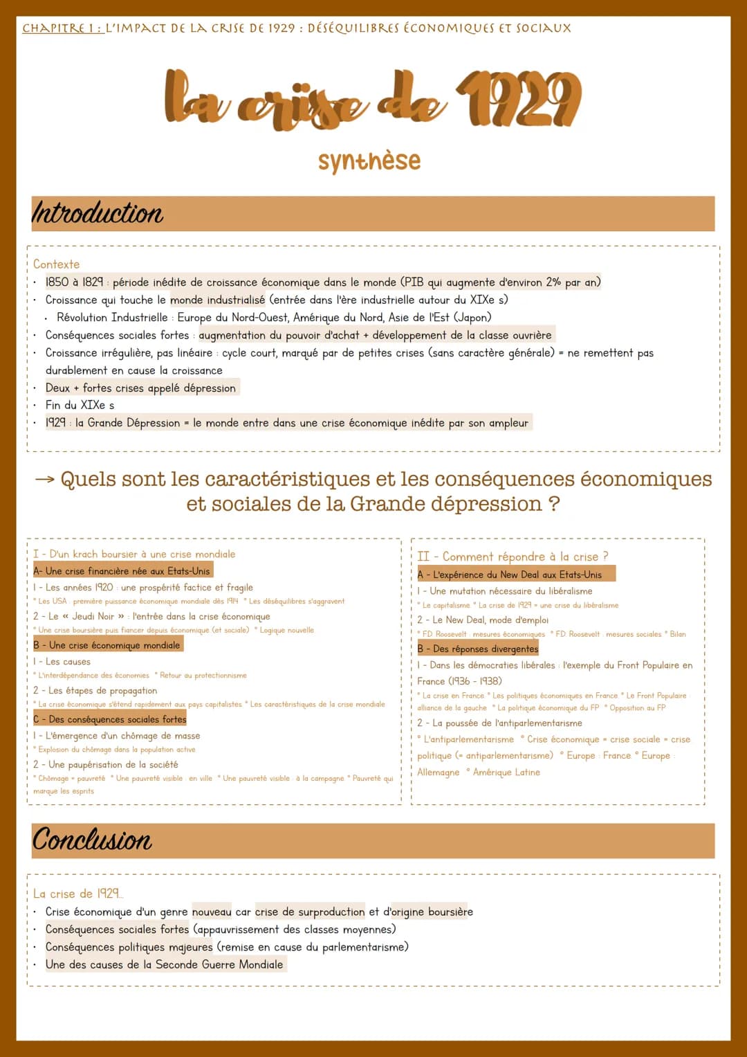 # CHAPITRE 1: L'IMPACT DE LA CRISE DE 1929: DÉSÉQUILIBRES ÉCONOMIQUES ET SOCIAUX
la crise de 1929
synthèse
## Introduction
### Contexte
- 18