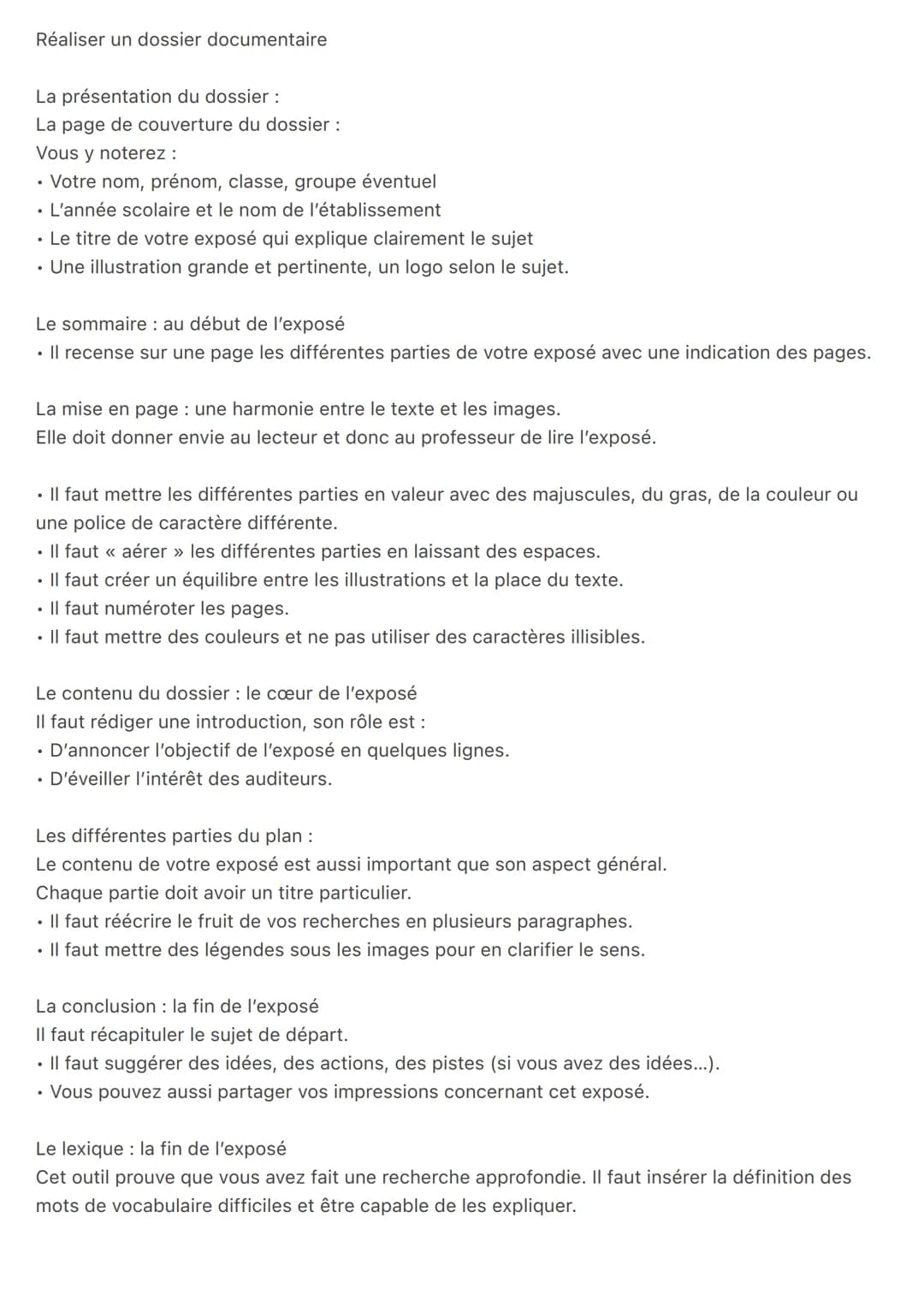 <p>Un dossier documentaire est un outil important pour présenter un exposé écrit de façon claire et structurée. Il doit comporter plusieurs