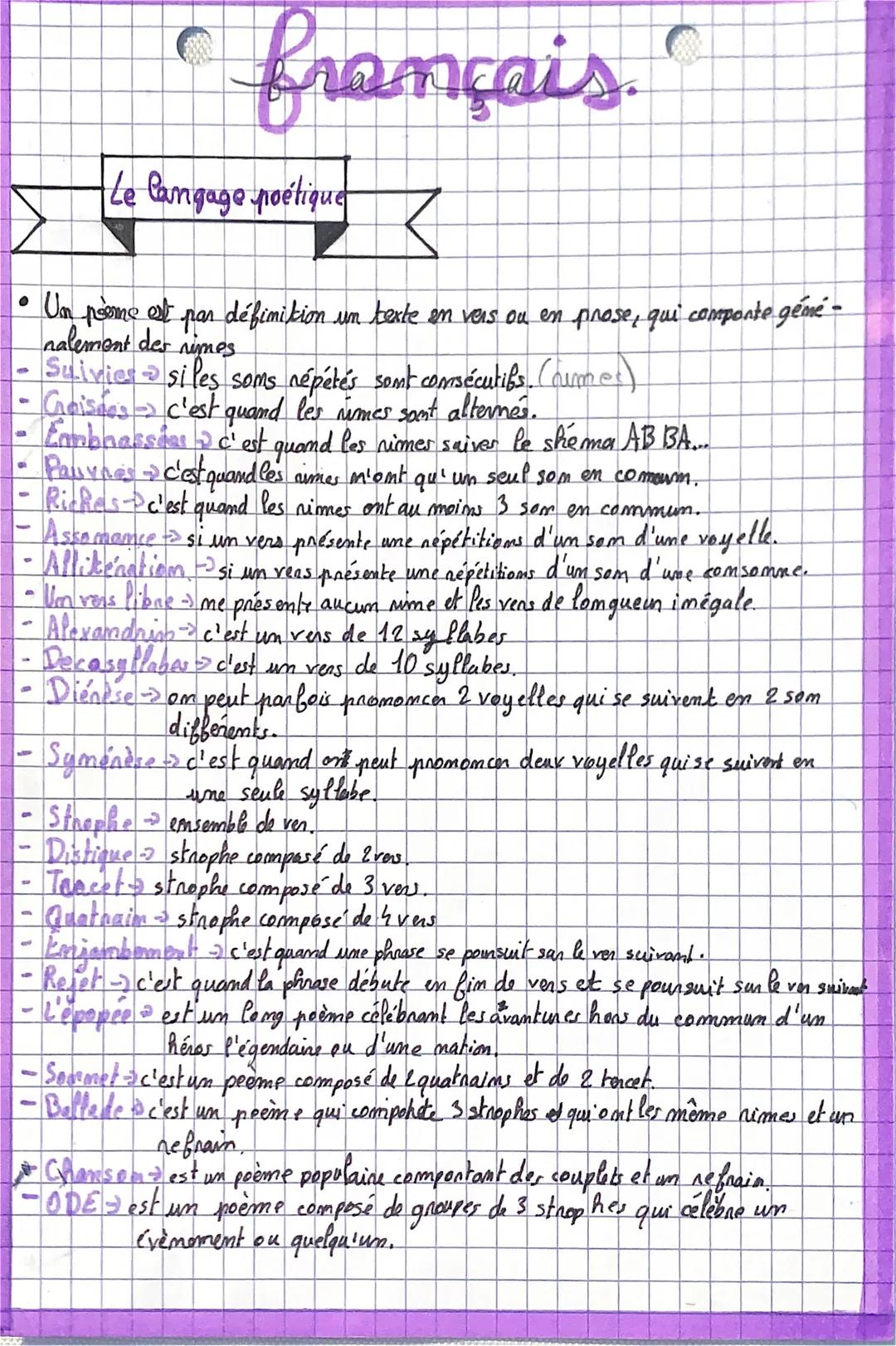 # français.
>
Le langage poétique
• Un poème est par définition un texte en vers ou en prose, qui componte gémé-
nalement des nimes
- Su