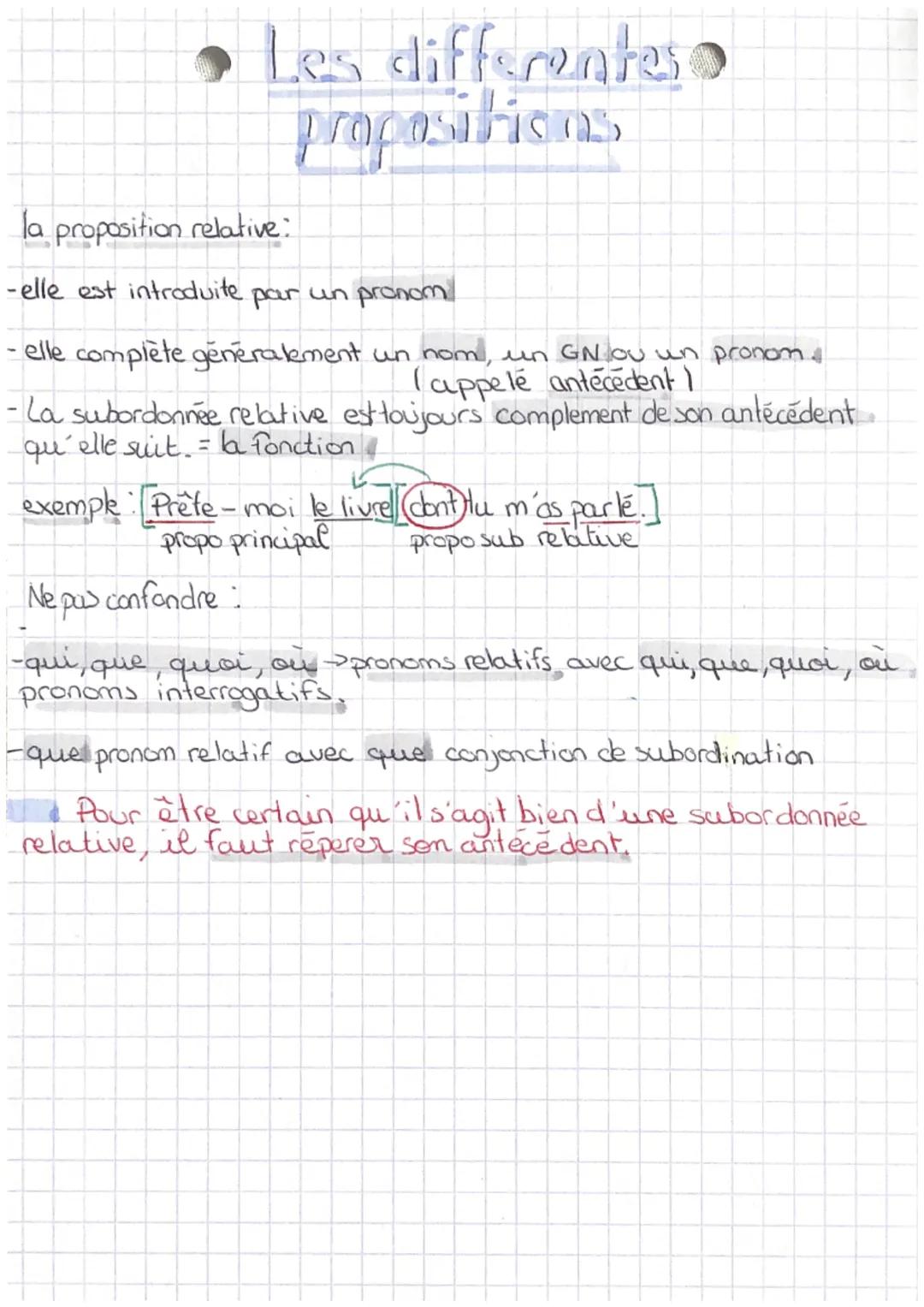 # Les differenteso
propositions
la proposition relative:
-elle est introduite par un pronom
- elle complète généralement un nom, un GN ou