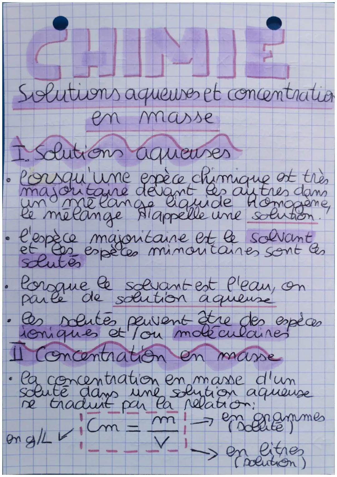 Solutions aqueuses et concentration
en masse
I Solutions aquenses
Corsqu'une espèce chimique est très
majoutaine devantide homogène,
le méla