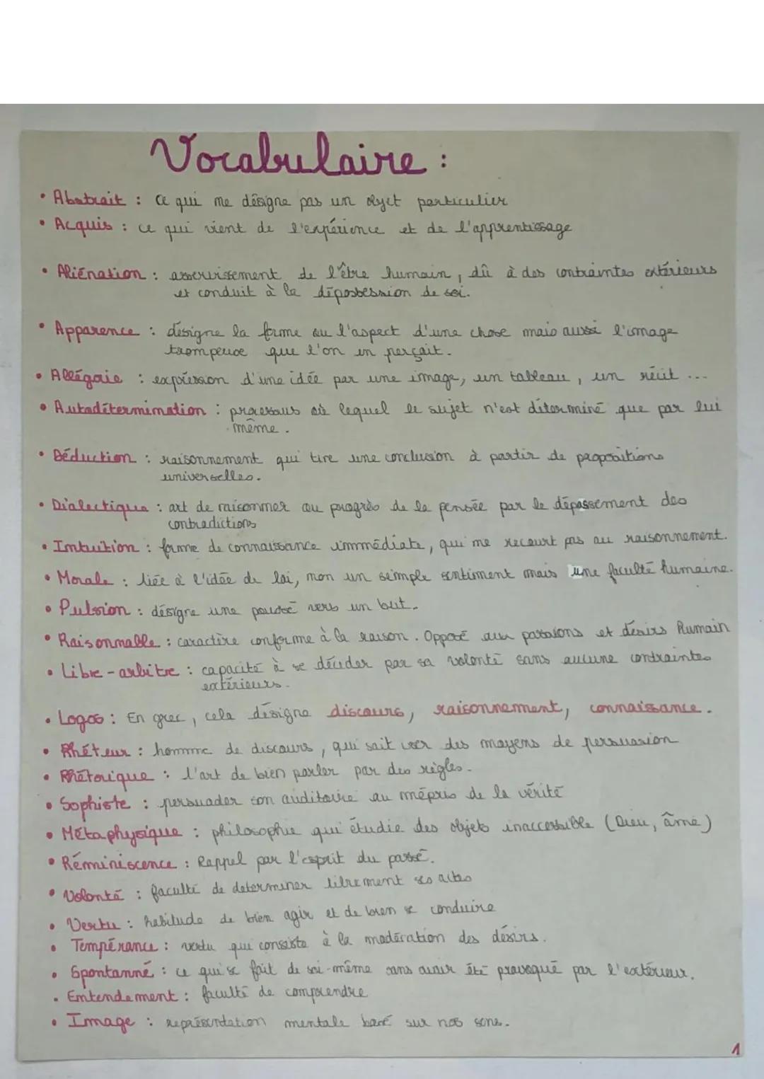 # Vocabulaire:
• Abstrait ce qui me désigne pas un Ryet particulier
• Acquis : ce qui vient de l'expérience et de l'apprentissage
• Alienat
