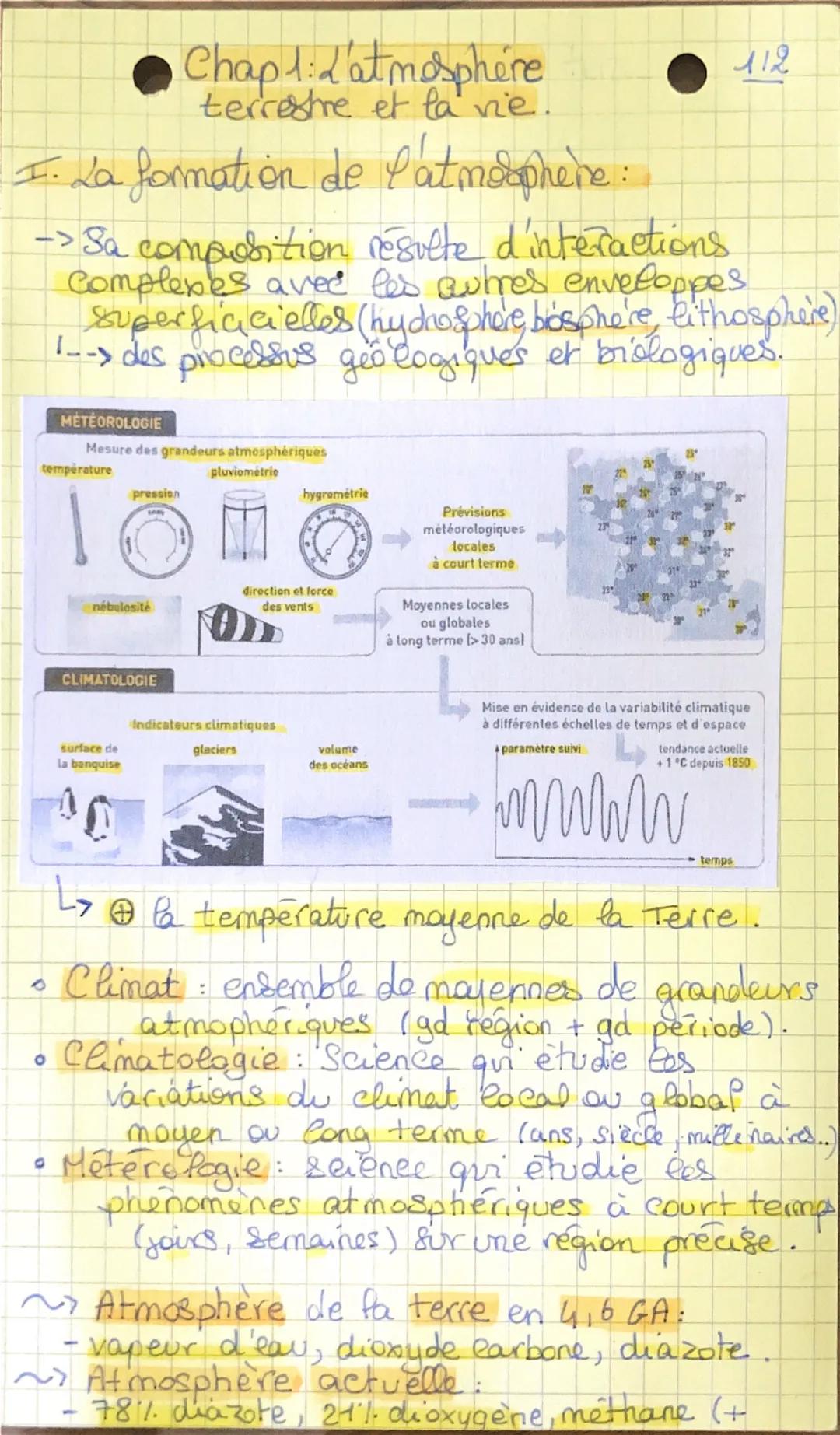Chap 1:2 atmosphere
terrestre et la vie.
F. La formation de l'atmosphere:
112
-> Sa composition resulte d'interactions
Complexes avec les au