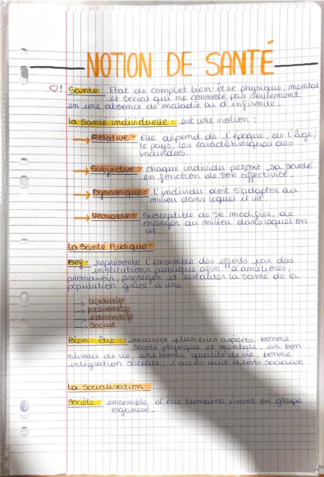 # NOTION DE SANTE-
! Santé Etat de complet bien-être physique; memtal
et social qui me consiste pas seulement
Len une absence de maladie ou