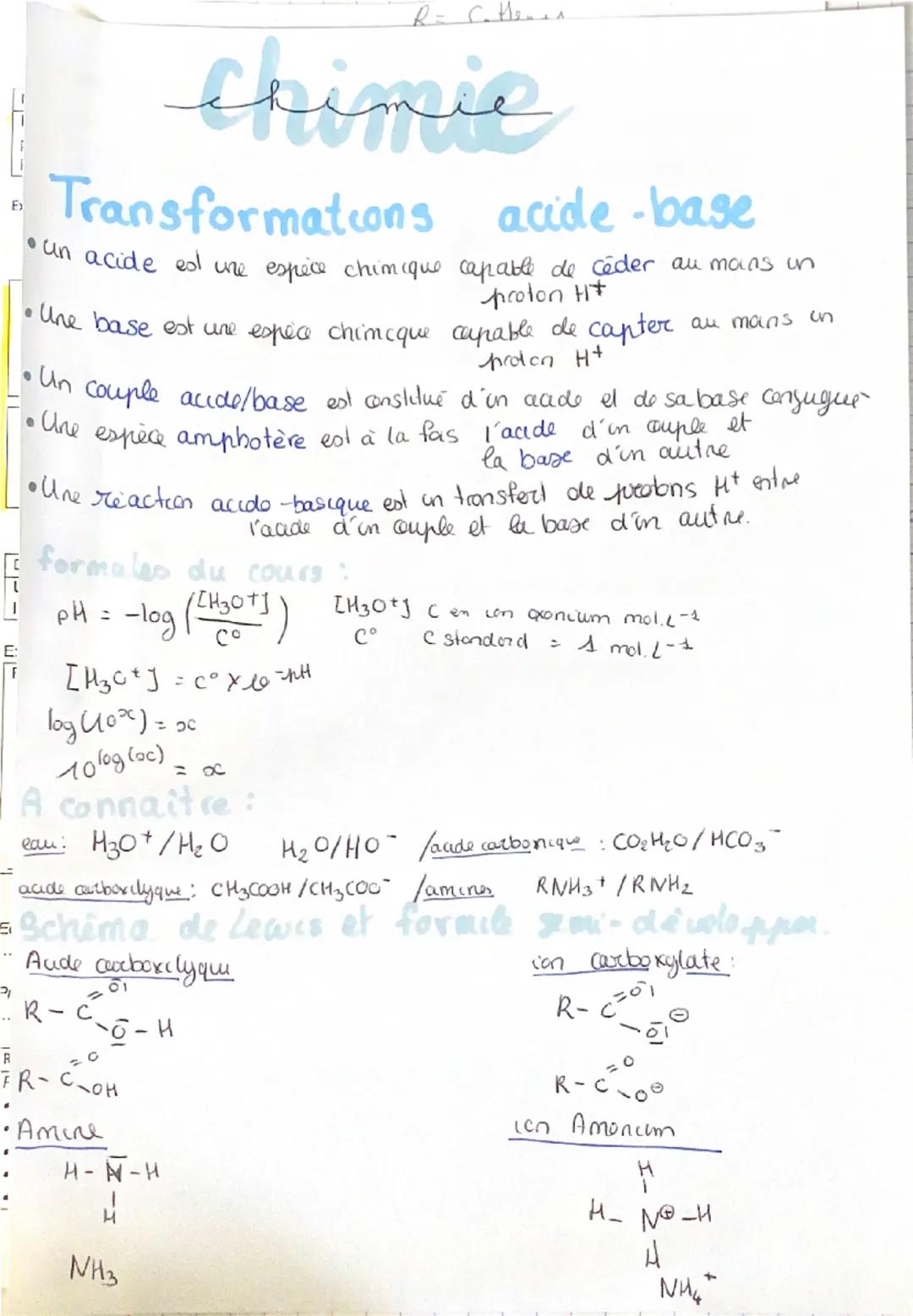 E:
Ex
R = Cottener
chinie
Transformations acide-base
• un acide est une espèce chimique capable de céder au moins in
proton H+
• Une base es