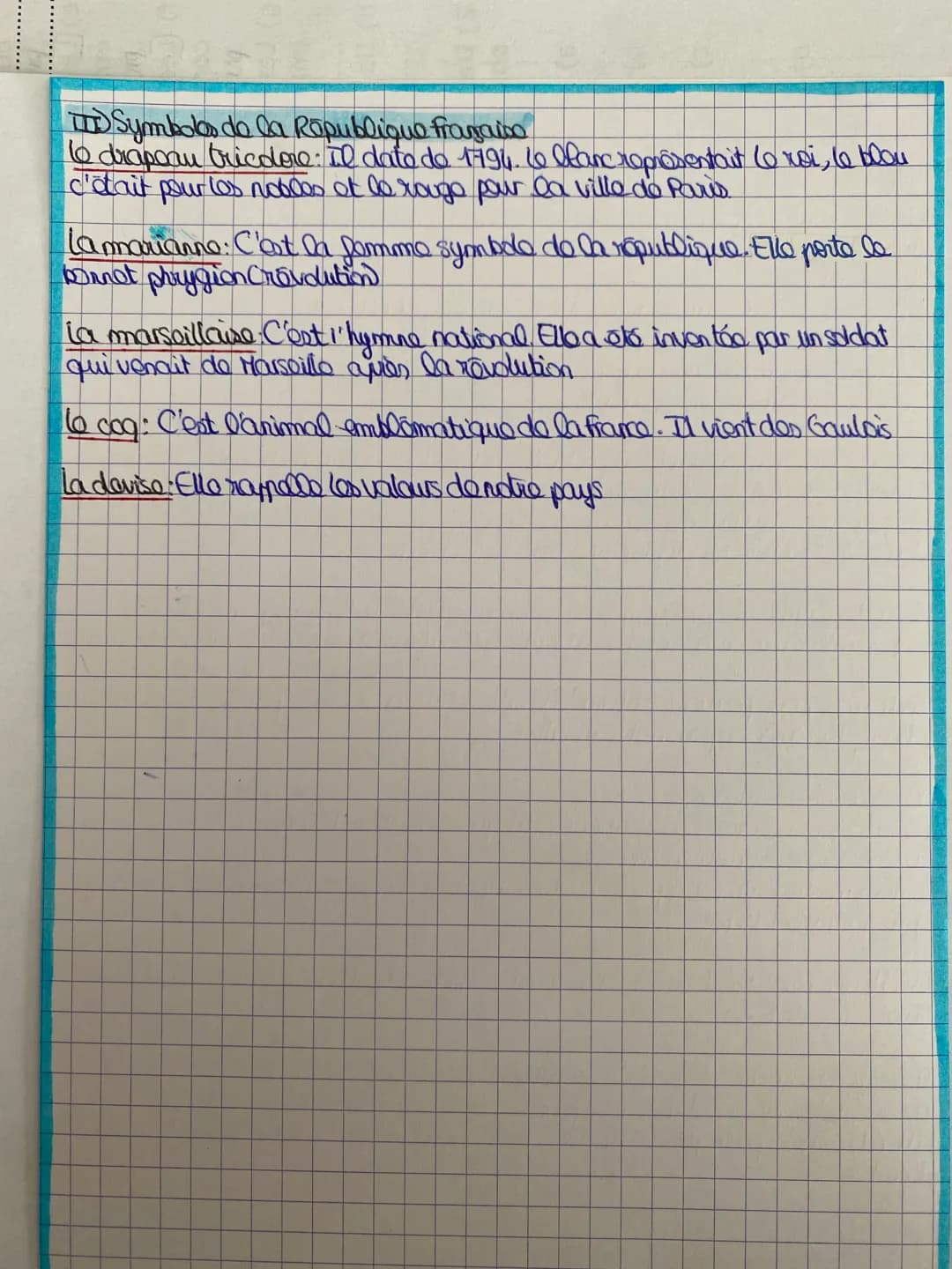 # Symboles de la Rõpublique frangaiso
- le drapeau bricdore: il data de 1794. Le blanc représentait lo xoi, le blou c'était pour les nobles