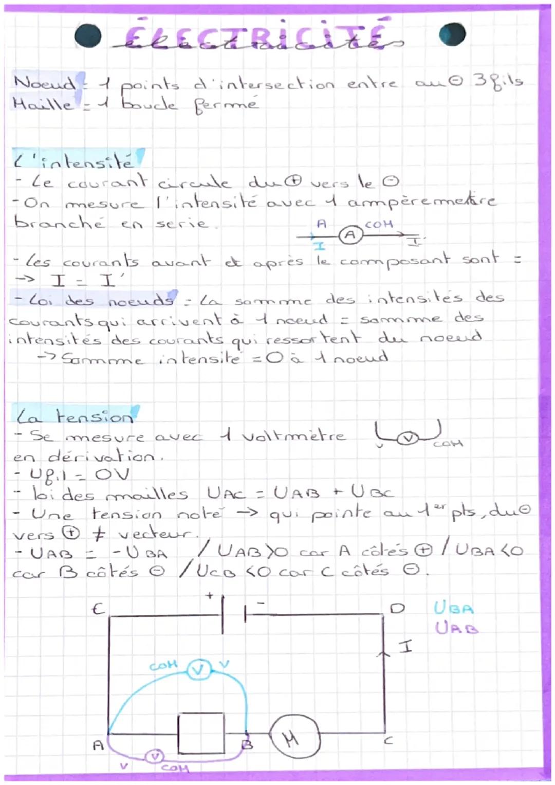 # ELECTRICITÉ
Noeud 1 points d'intersection entre au 3fils
Maille 1 boucle fermé
L'intensité
- Le courant circule du vers le O
-On mesure