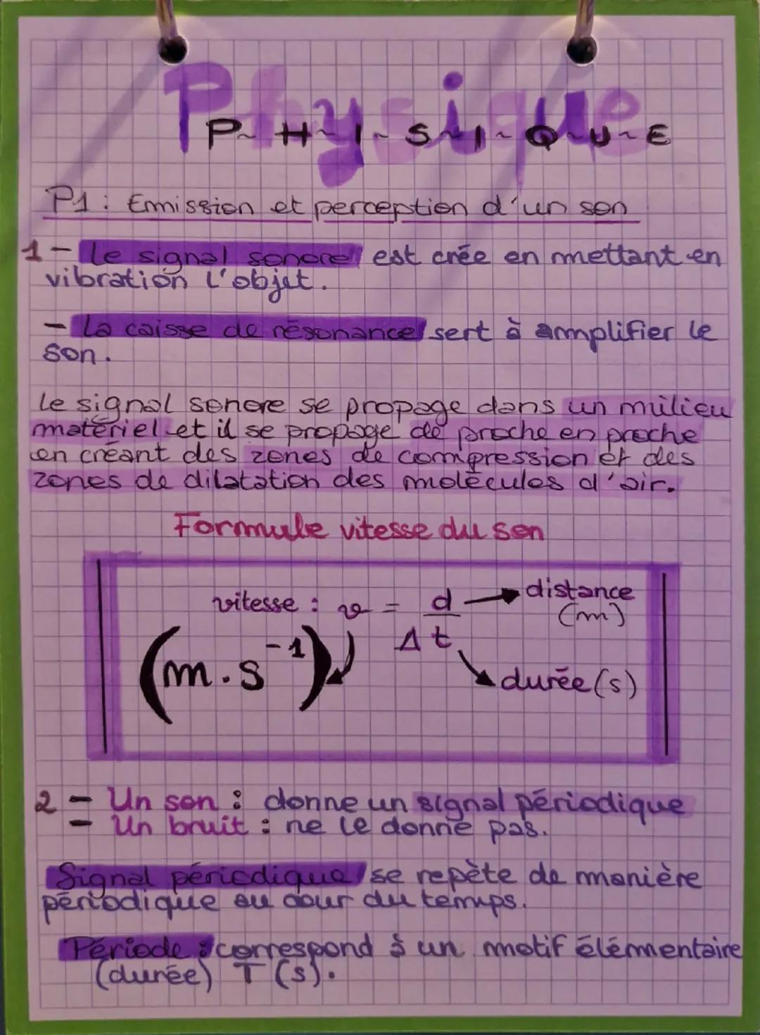 # Physique
P1: Emission et perception d'un son
1- le signal sonore est crée en mettant en
vibration l'objet.
- La caisse de resonancel se