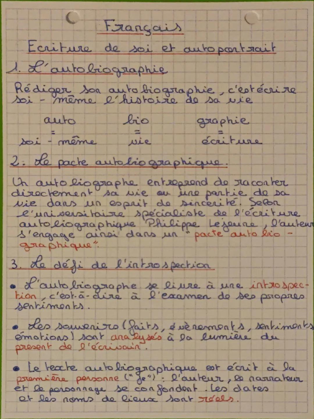 C
Français
Ecriture de soi et auto portrait
1. L'autobiographie
Rédiger son autobiographie, c'est écrire
même l'histoire de sa vie.
soi
auto