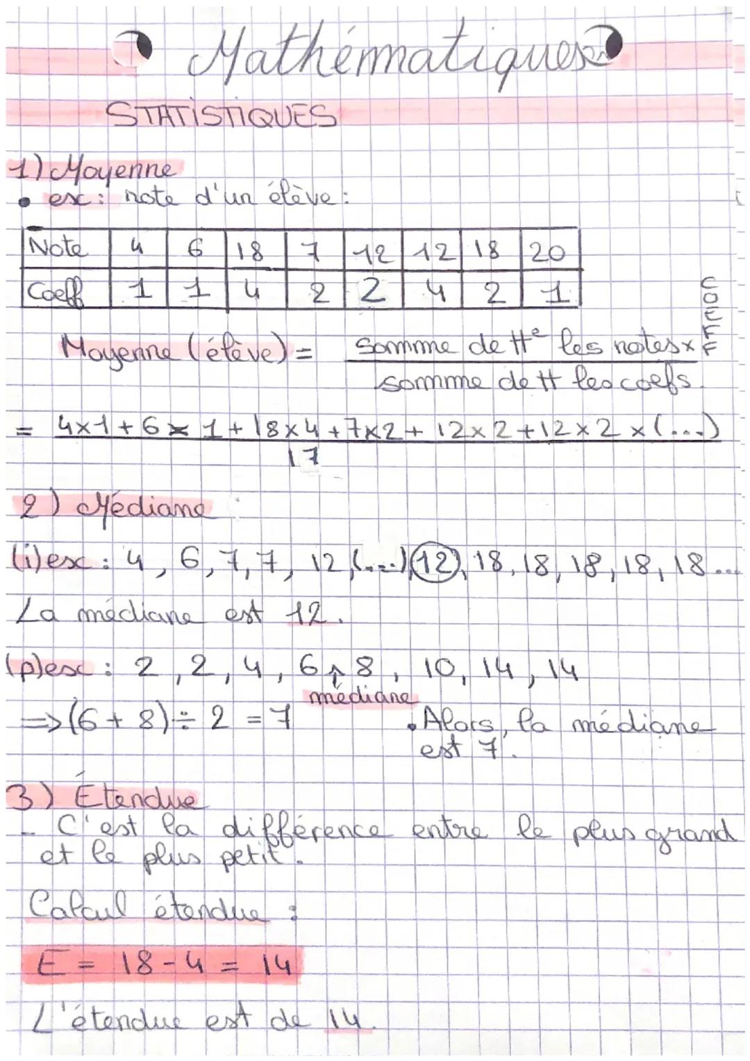 Note
Coeff
Mathématiques
STATISTIQUES
1) Moyenne
• ex: note d'un élève :
u
18
114
7 12 42 18 20
2 1
224
Moyenne (élève) = somme de tt² les n