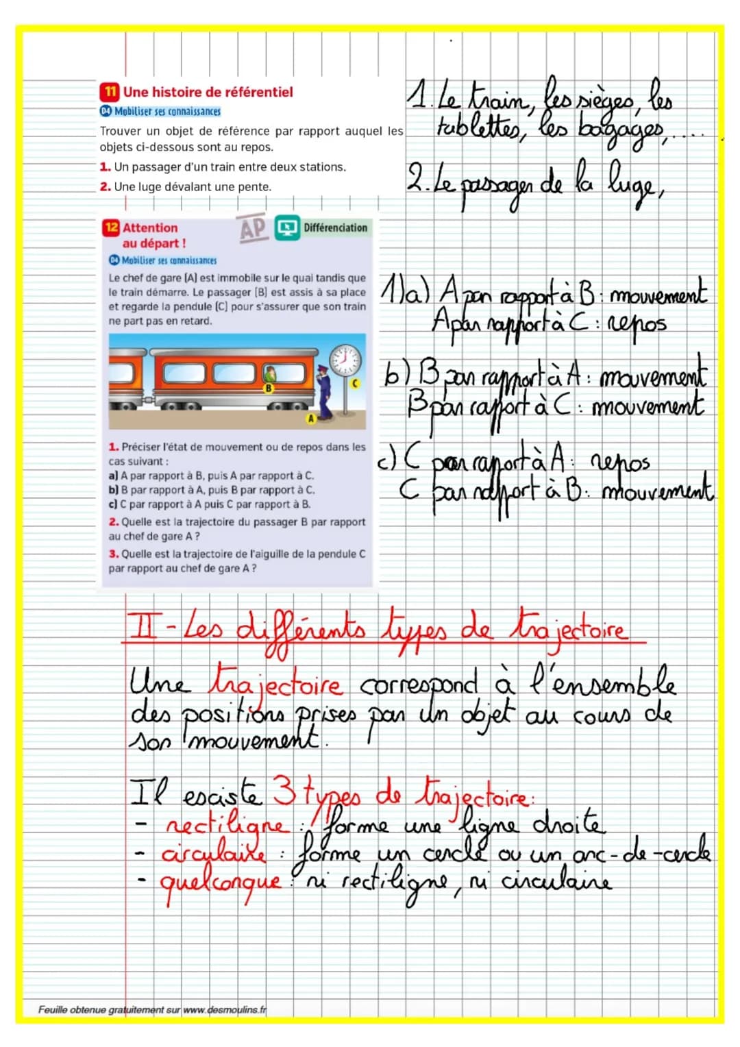 Thème n°2 :
Mouvements
et
Interactions
Feuille obtenue gratuitement sur www.desmoulins.fr # Chapitre n°3: Le mouvement d'un objet
## I- La r