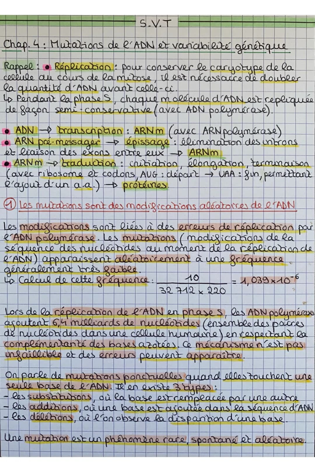 S.V.T
## Chap. 4: Mutations de l'ADN et variabilité génétique
Rappel:
- Réplication: pour conserver le caryotype de la cellule au cours de