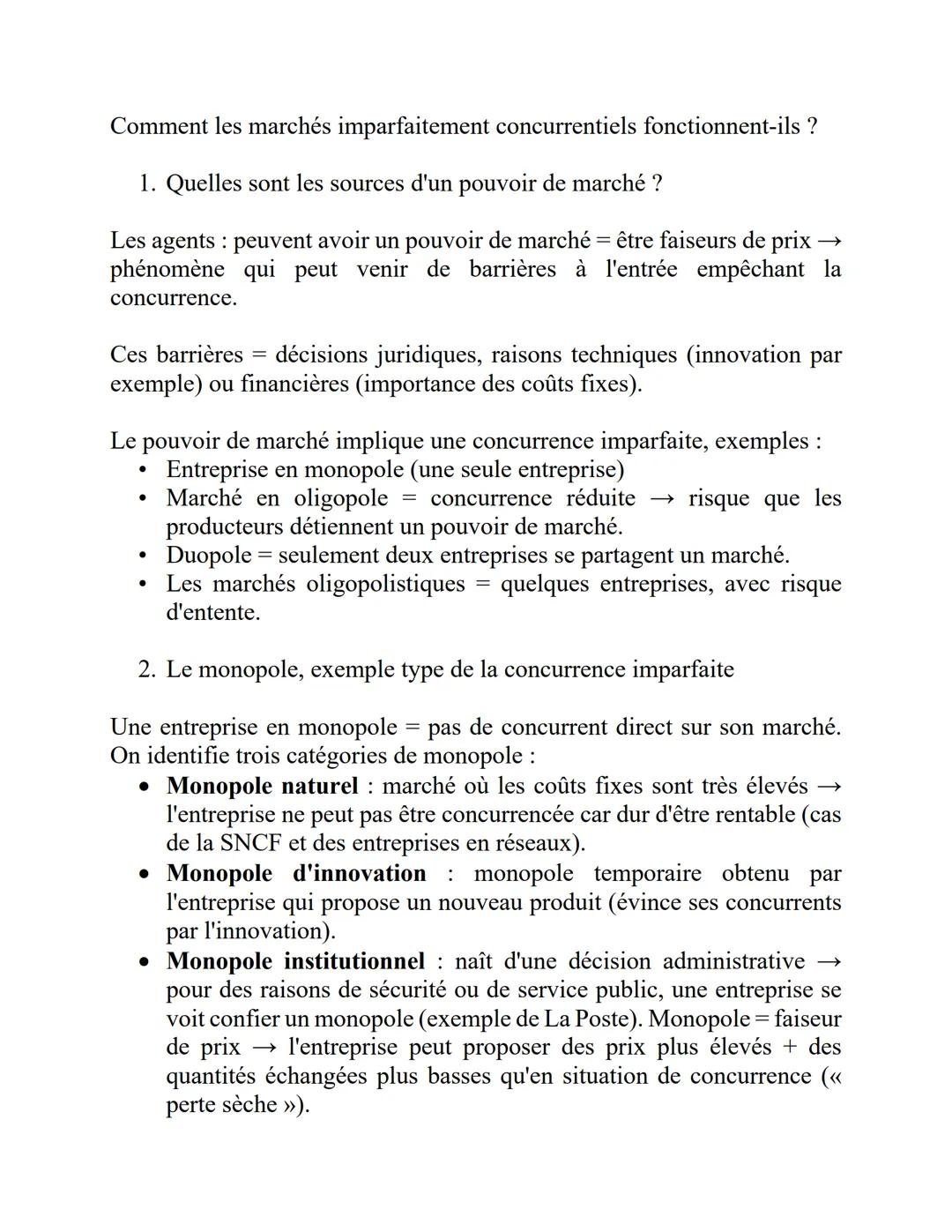 Comment les marchés imparfaitement concurrentiels fonctionnent-ils ?
1. Quelles sont les sources d'un pouvoir de marché?
→>
Les agents peuve
