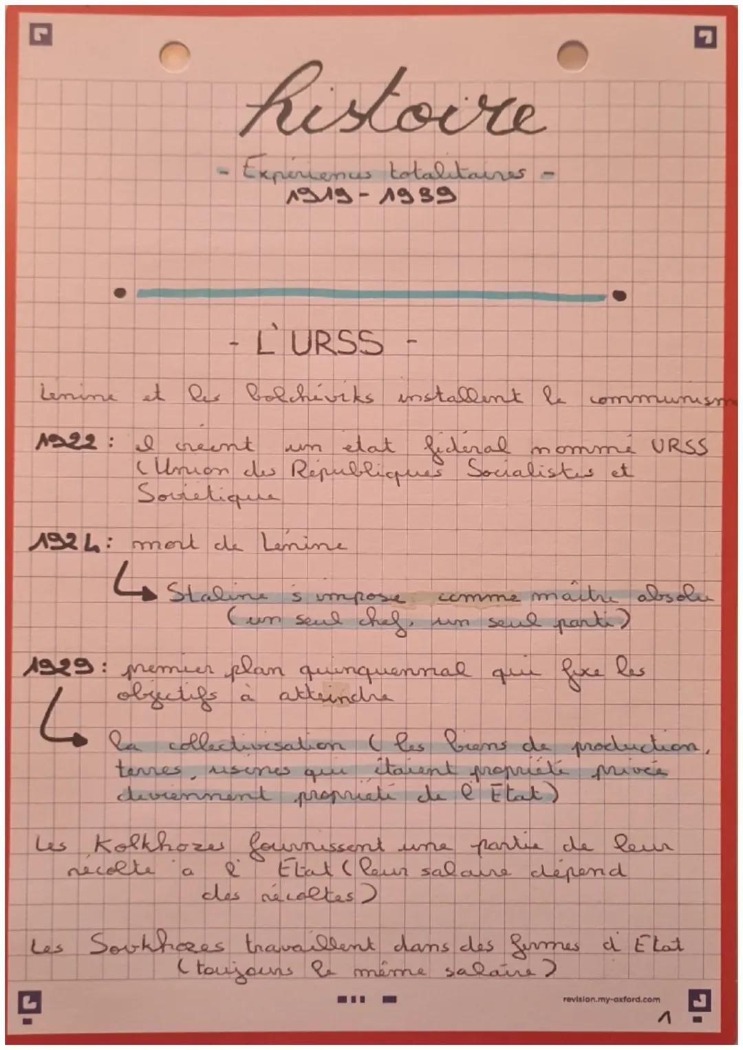 histoire
Experiences totalitaires
1919-1939
-
LURSS
->
.
Lenine et les bolcheviks installent le commun
1922: I reent
un etat fideral
momme U