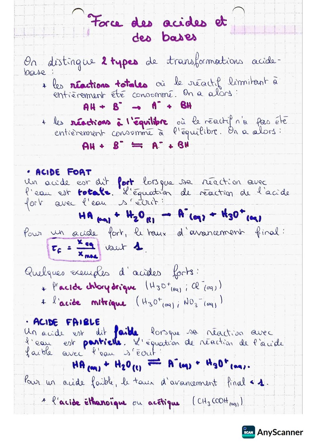 On distingue 2 types de transformations acide-
base !
+ les réactions totales où le reactif limitant à
entièrement été consommé. On a alors: