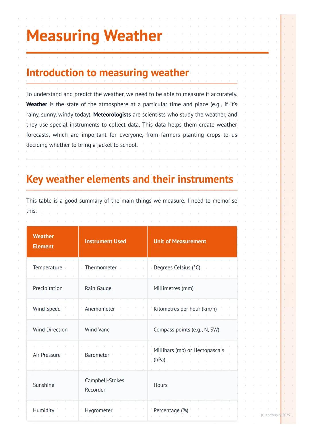 # Measuring Weather
## Introduction to measuring weather
To understand and predict the weather, we need to be able to measure it accuratel