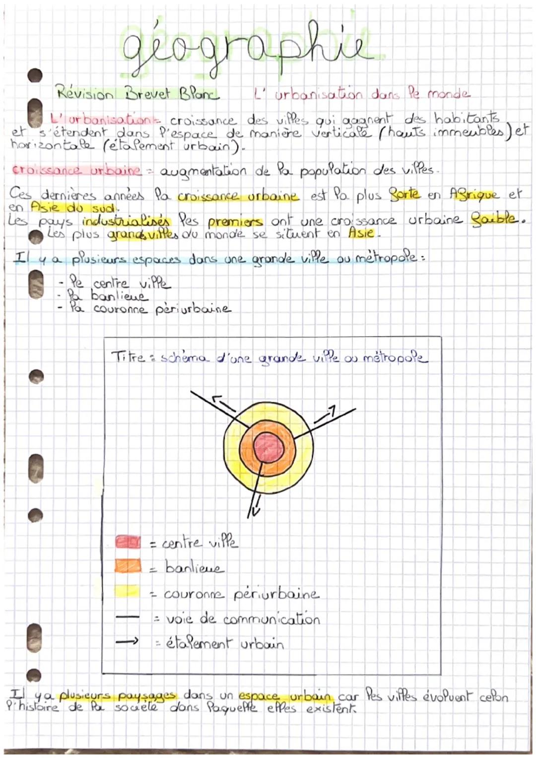 géographie
Révision Brevet Blanc
L'urbanisation dans le monde
L'urbanisation croissance des villes qui gagnent des habitants
et s'étendent d