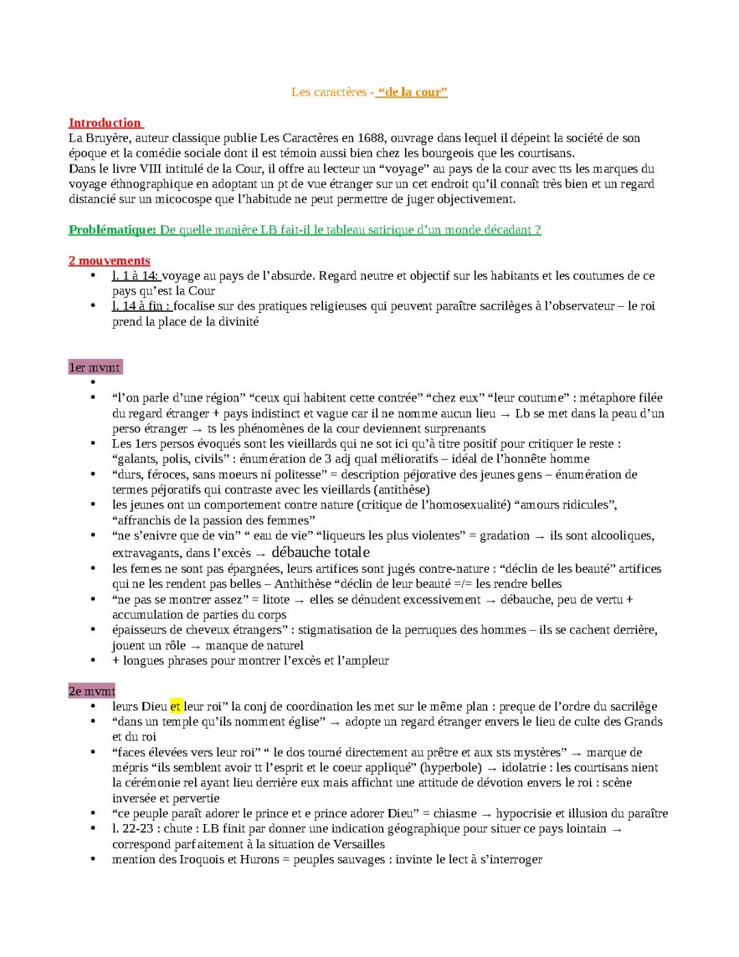 Analyse linéaire des Caractères de la Cour de La Bruyère