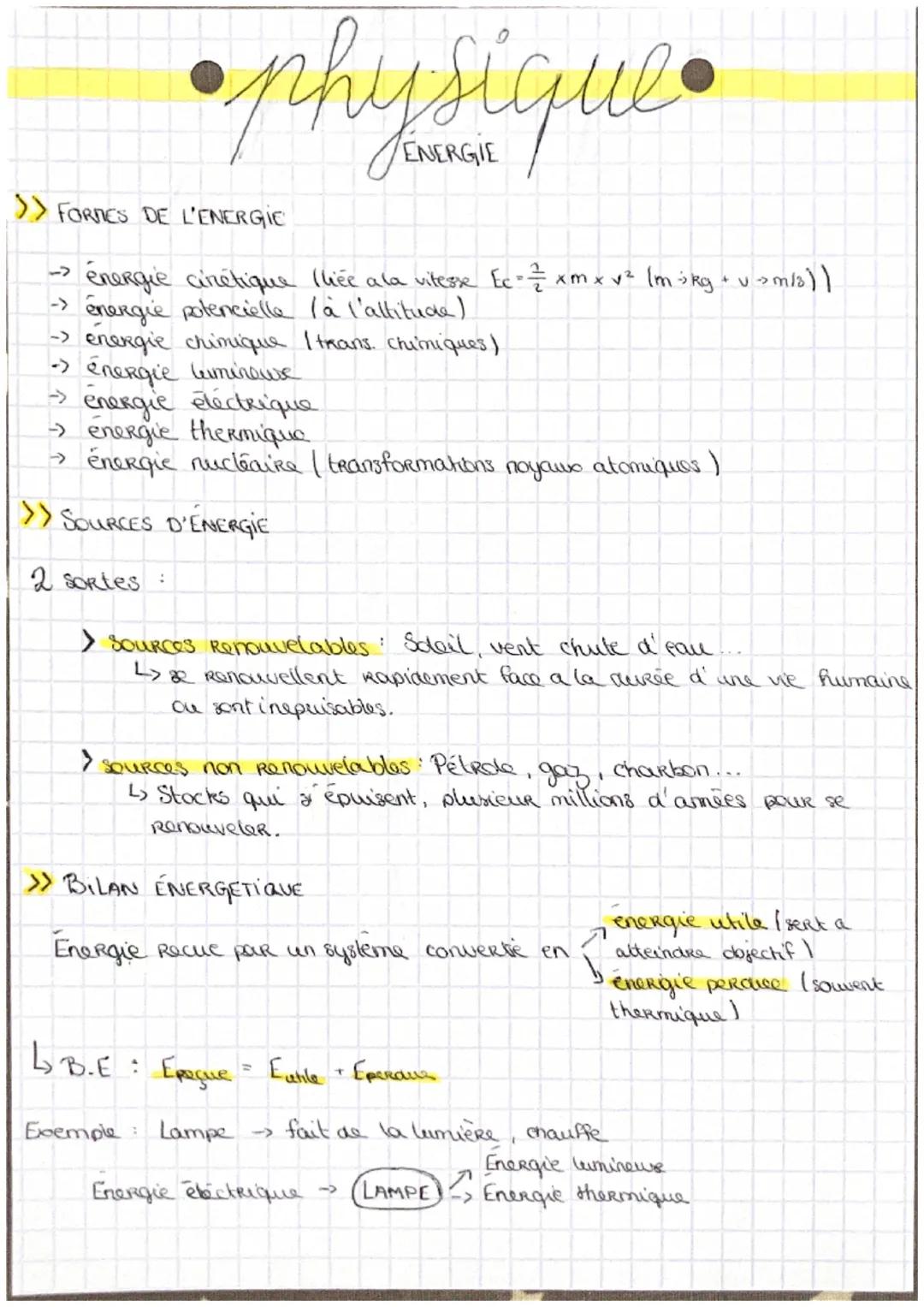 # physique
>> FORMES DE L'ENERGIE
→ énergie cinétique (liée a la vitesse Ec°= $\frac{1}{2}$ xmxv² (ming+uomo))
→ énergie potencielle (à l