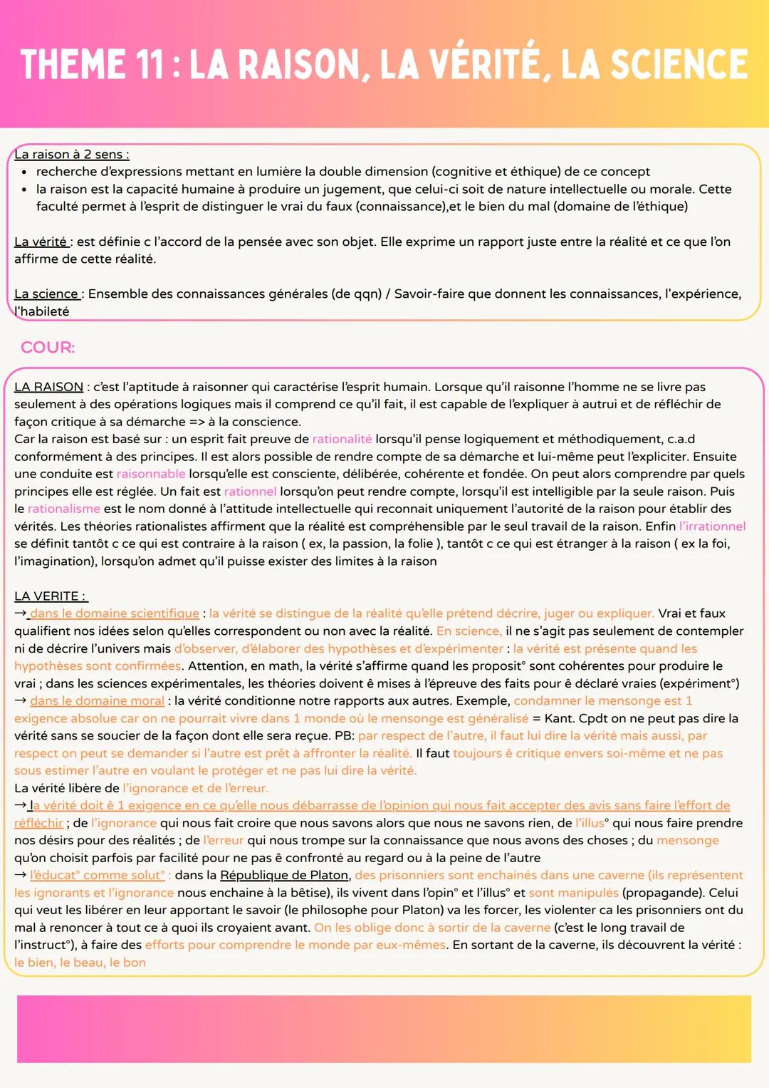 fiche de révision sur la vérité, la raison et la science
