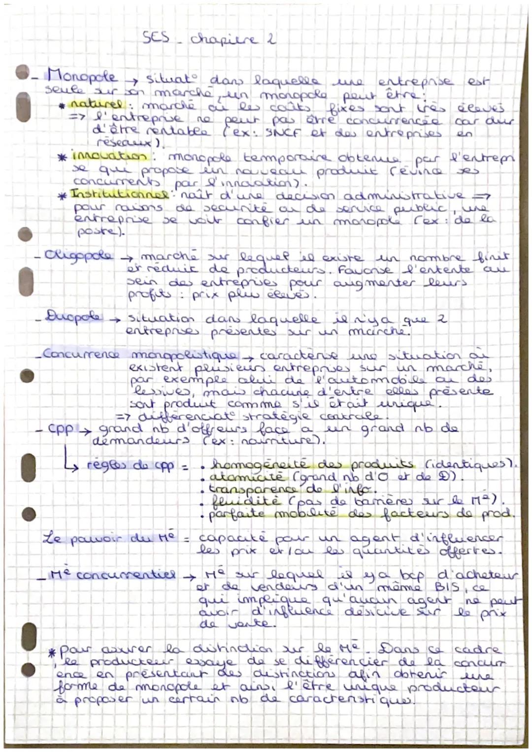 SES chapitre 2
- Monopole
situat dans laquelle une entreprise est
seule sur son marché un monopole peut être:
• naturel: marché a les coûts