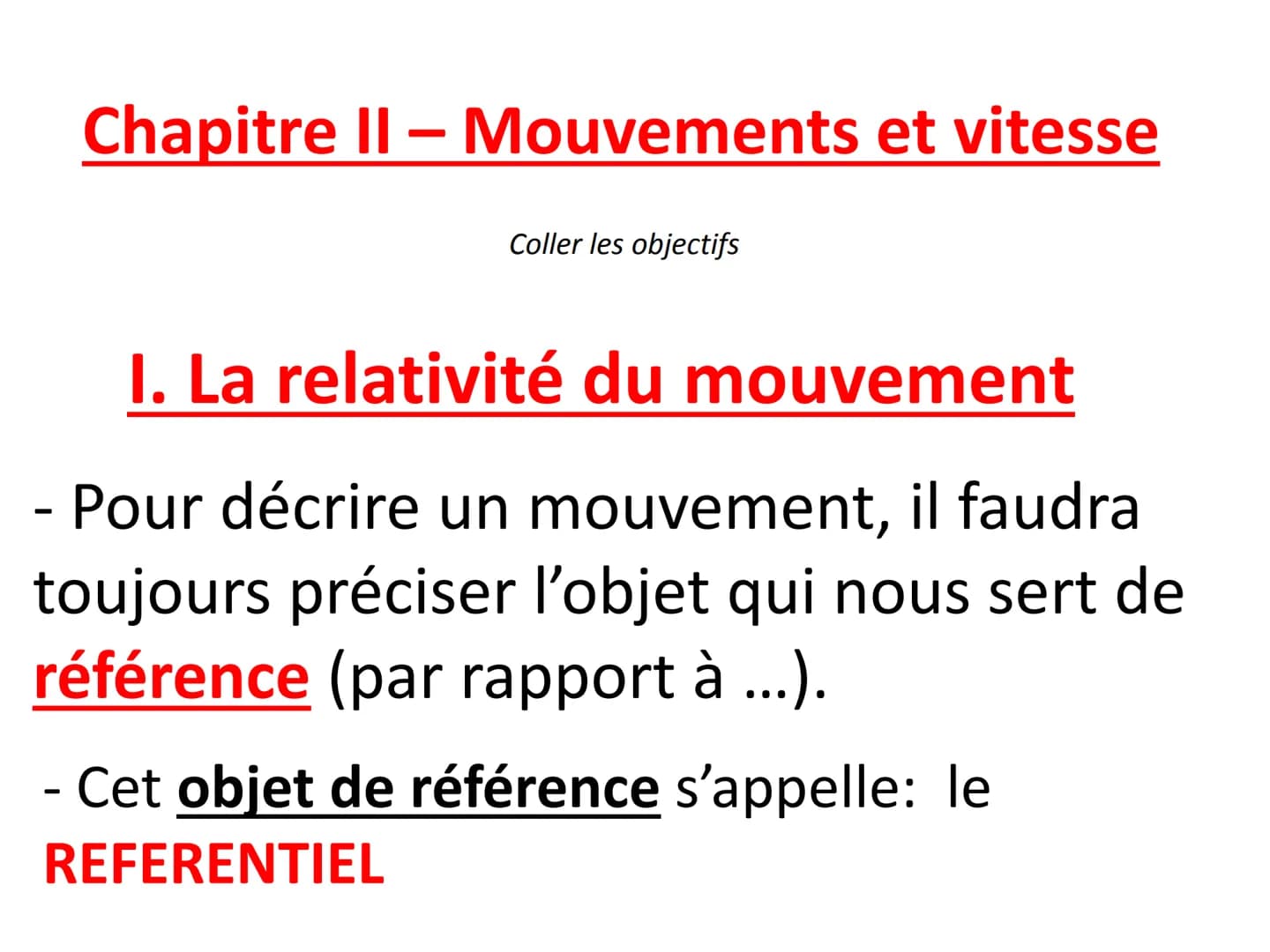Cours à recopier dans un nouveau chapitre # Chapitre II – Mouvements et vitesse
*Coller les objectifs*
## I. La relativité du mouvement
-