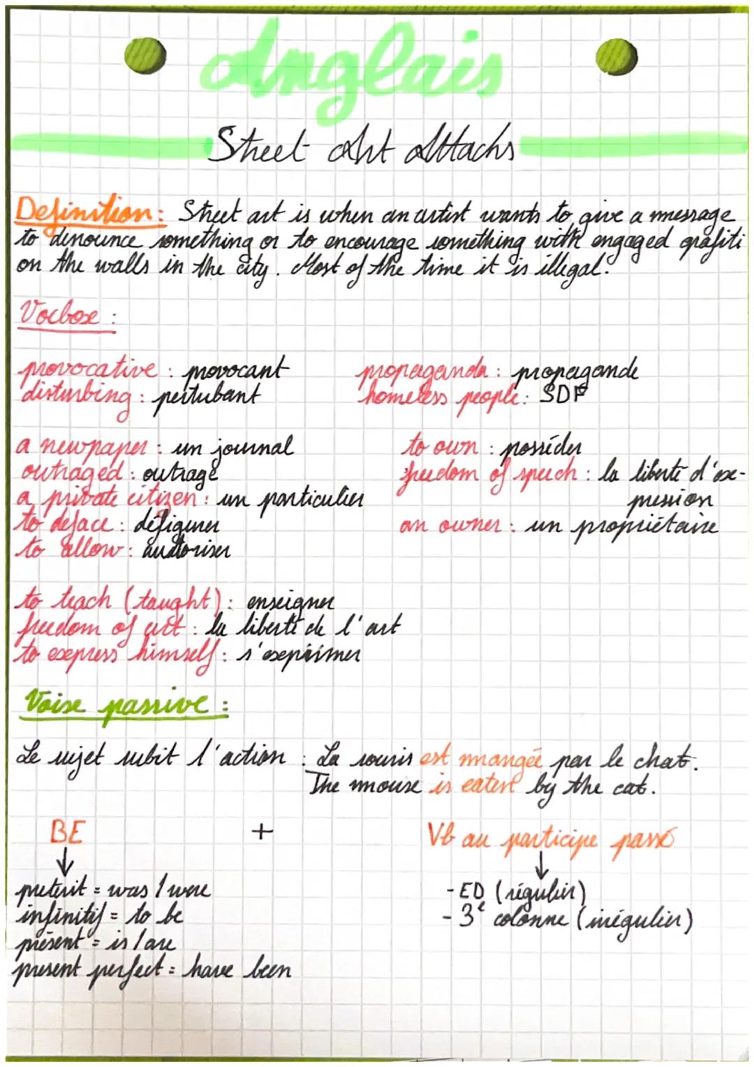 Anglais
Street art alttachs
Definition: Street art is when an artist wants to give a message.
to denounce something or to encourage somethin
