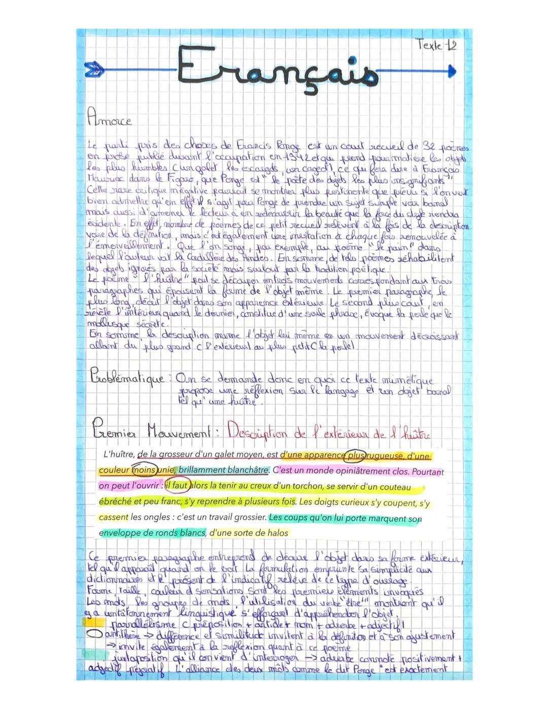 ### Erançais
Amorce
Texle 12
Le parti pris des choses de Francis Ponge est un court recueil de 32 poctres
en prose publié dewant l'occupa