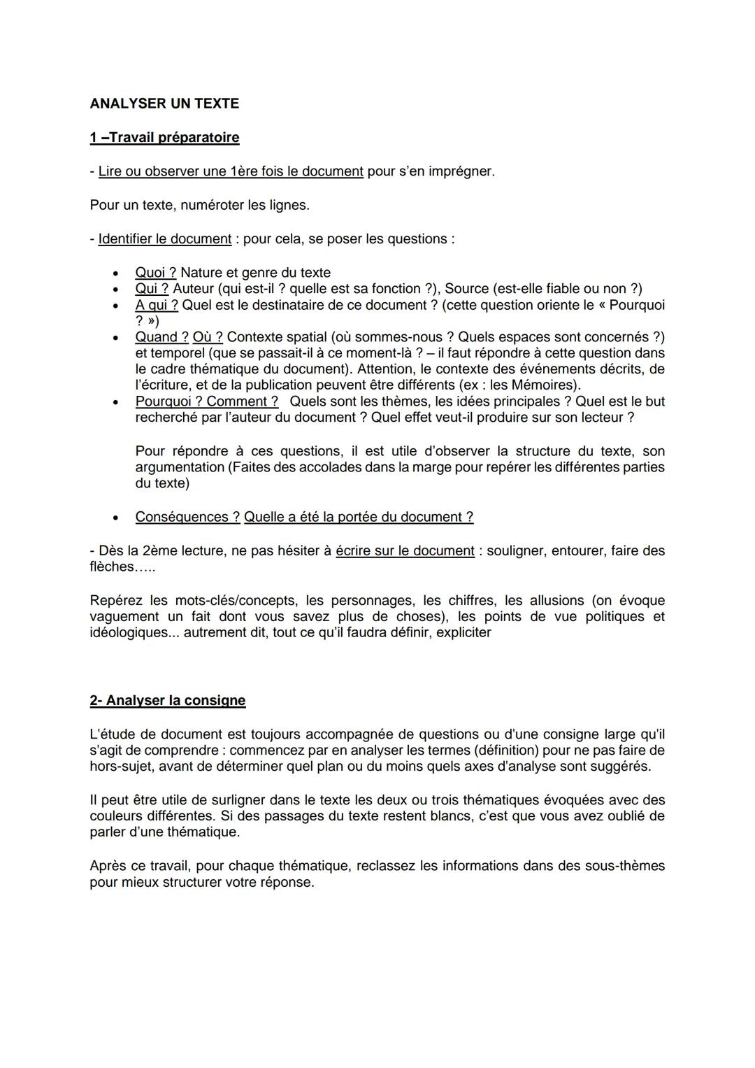 ANALYSER UN TEXTE
1 -Travail préparatoire
- Lire ou observer une 1ère fois le document pour s'en imprégner.
Pour un texte, numéroter les lig