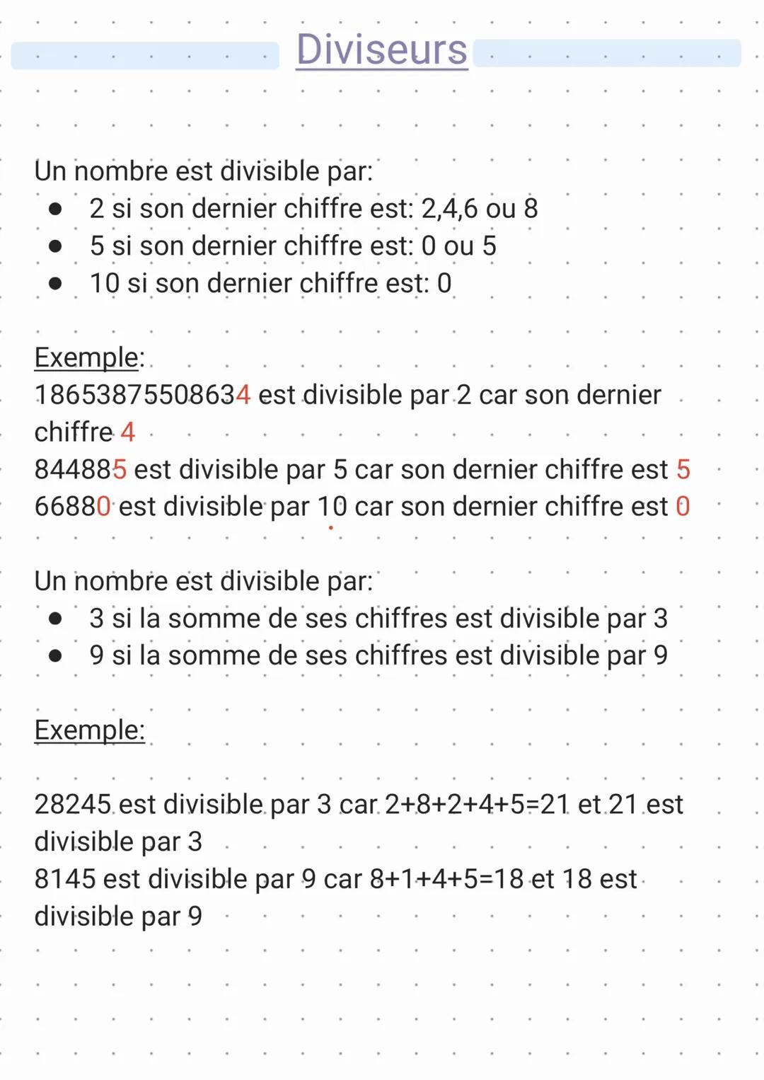 Diviseurs
Un nombre est divisible par:
- 2 si son dernier chiffre est: 2,4,6 ou 8
- 5 si son dernier chiffre est: 0 ou 5
- 10 si son dernie
