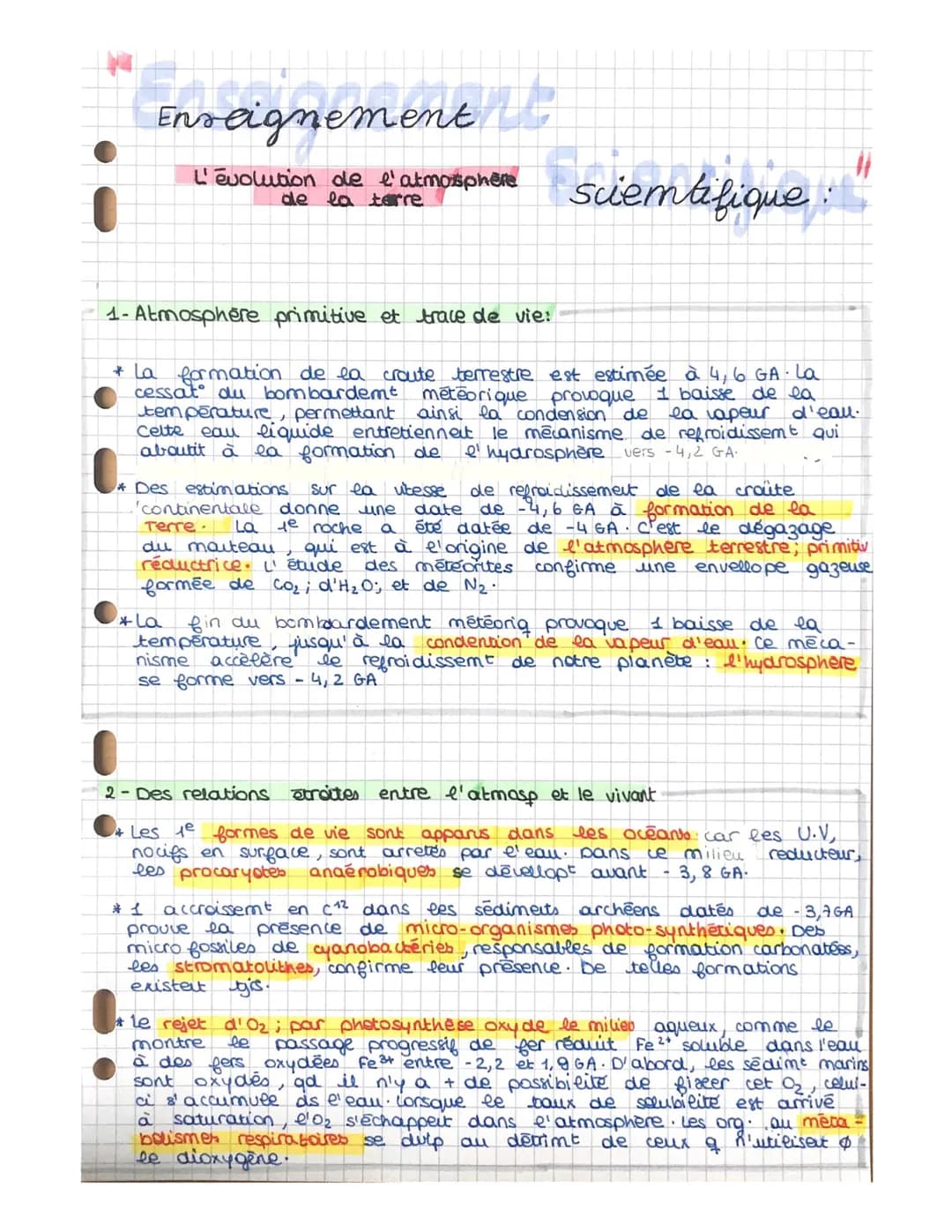 Vers -1,5 GA, des êtres eucaryotes commencent à apparaître.
* L'action des U.V sur l'$O_2$ est à l'origine de fa format° de la
couche d'ozon