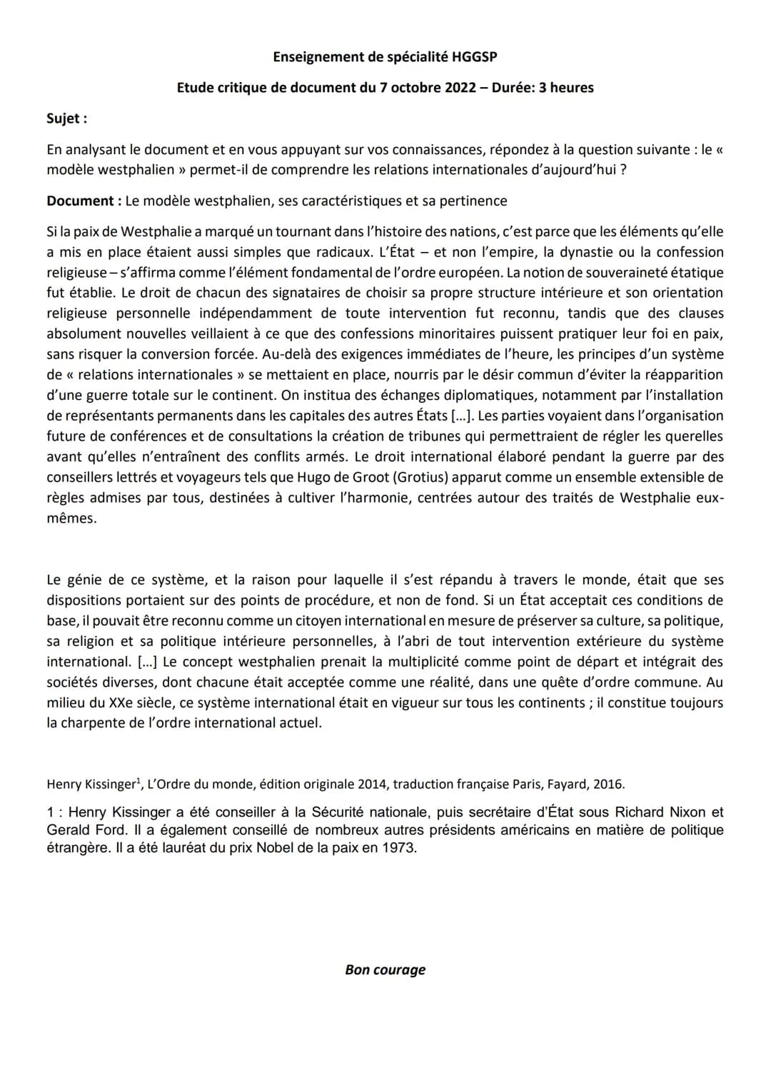 # Enseignement de spécialité HGGSP
## Etude critique de document du 7 octobre 2022 - Durée: 3 heures
### Sujet :
En analysant le document e