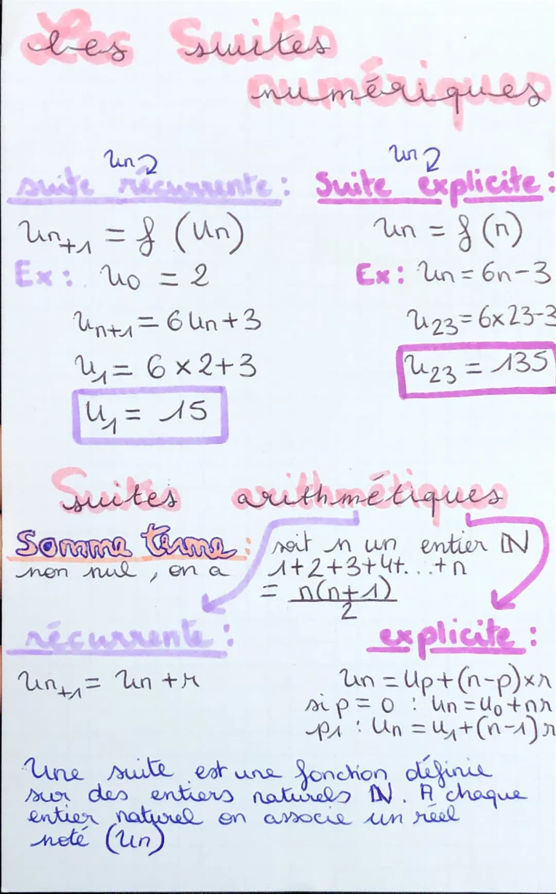 # Les Suites numériques
## Suite récurrente:
$U_{n+1} = f(U_n)$
Ex: $U_0 = 2$
$U_{n+1} = 6U_n + 3$
$U_1 = 6 \times 2 + 3$
$U_1 = 15$
## Su