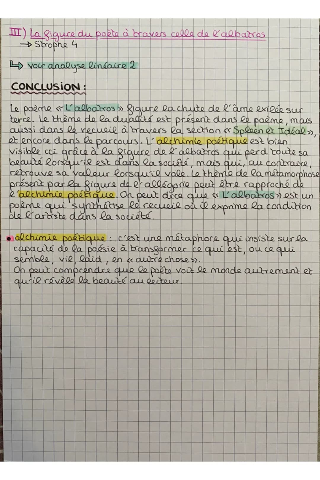 ### III) La figure du poète à travers celle de l'albatros
- Strophe 4
- voir analyse linéaire 2
## CONCLUSION:
Le poème « L'albatros » figu
