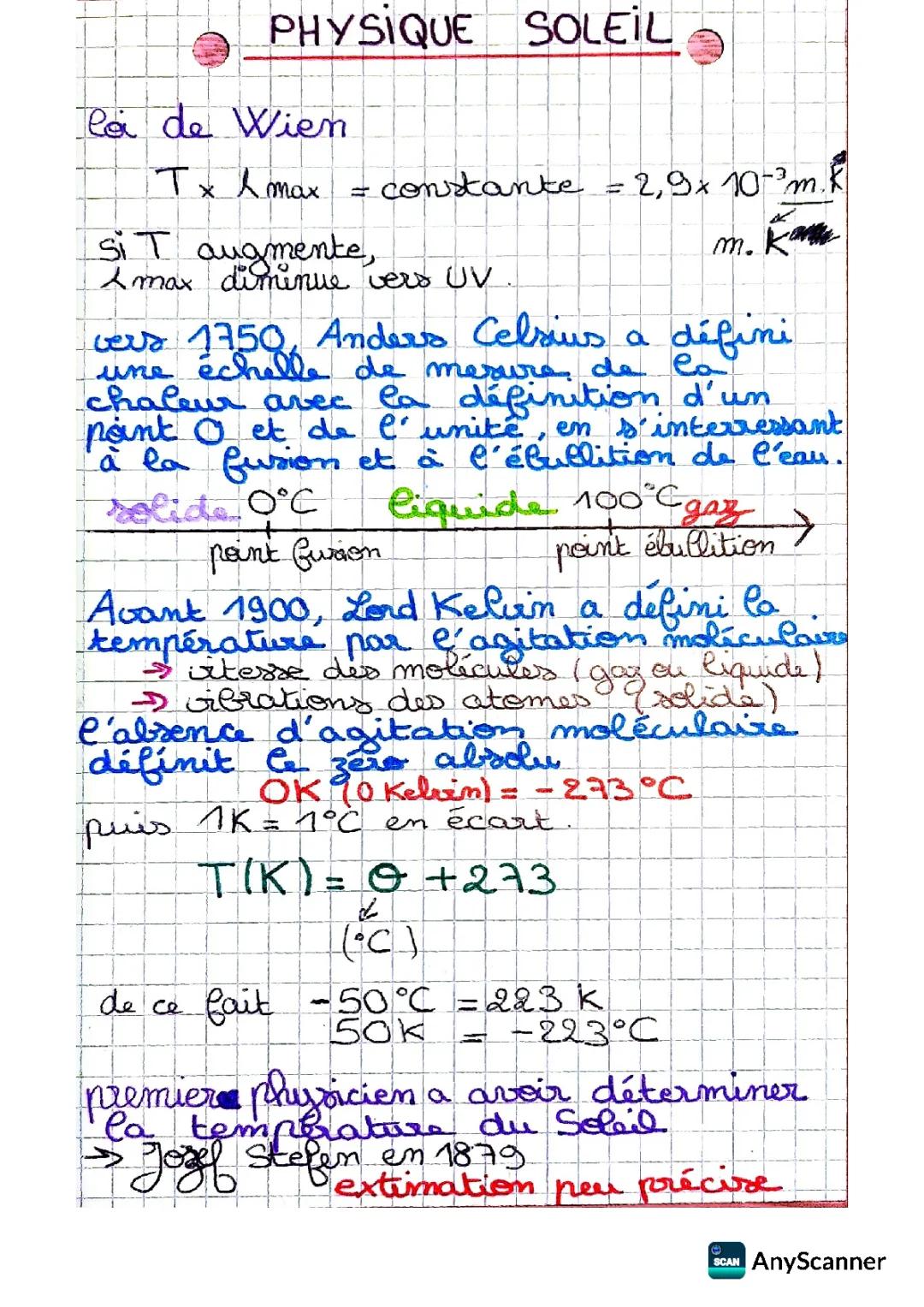 La température du soleil Fiche de révision