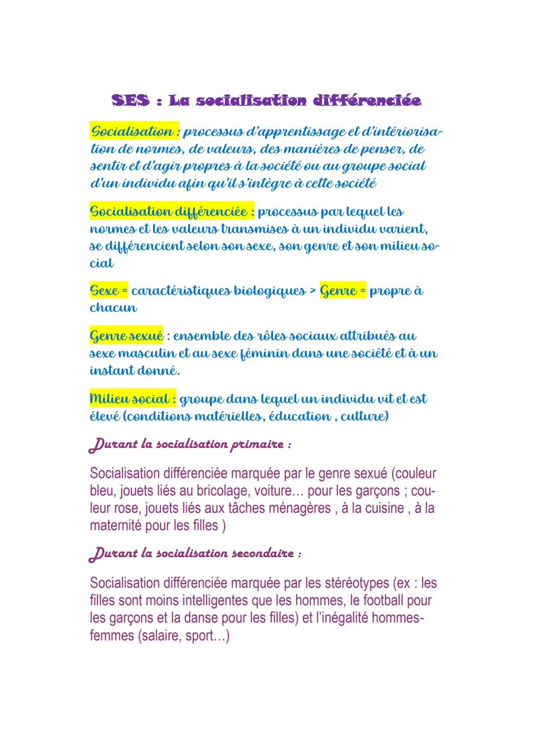 # SES: La socialisation différenciée
Socialisation: processus d'apprentissage et d'intériorisa-
tion de normes, de valeurs, des manières de