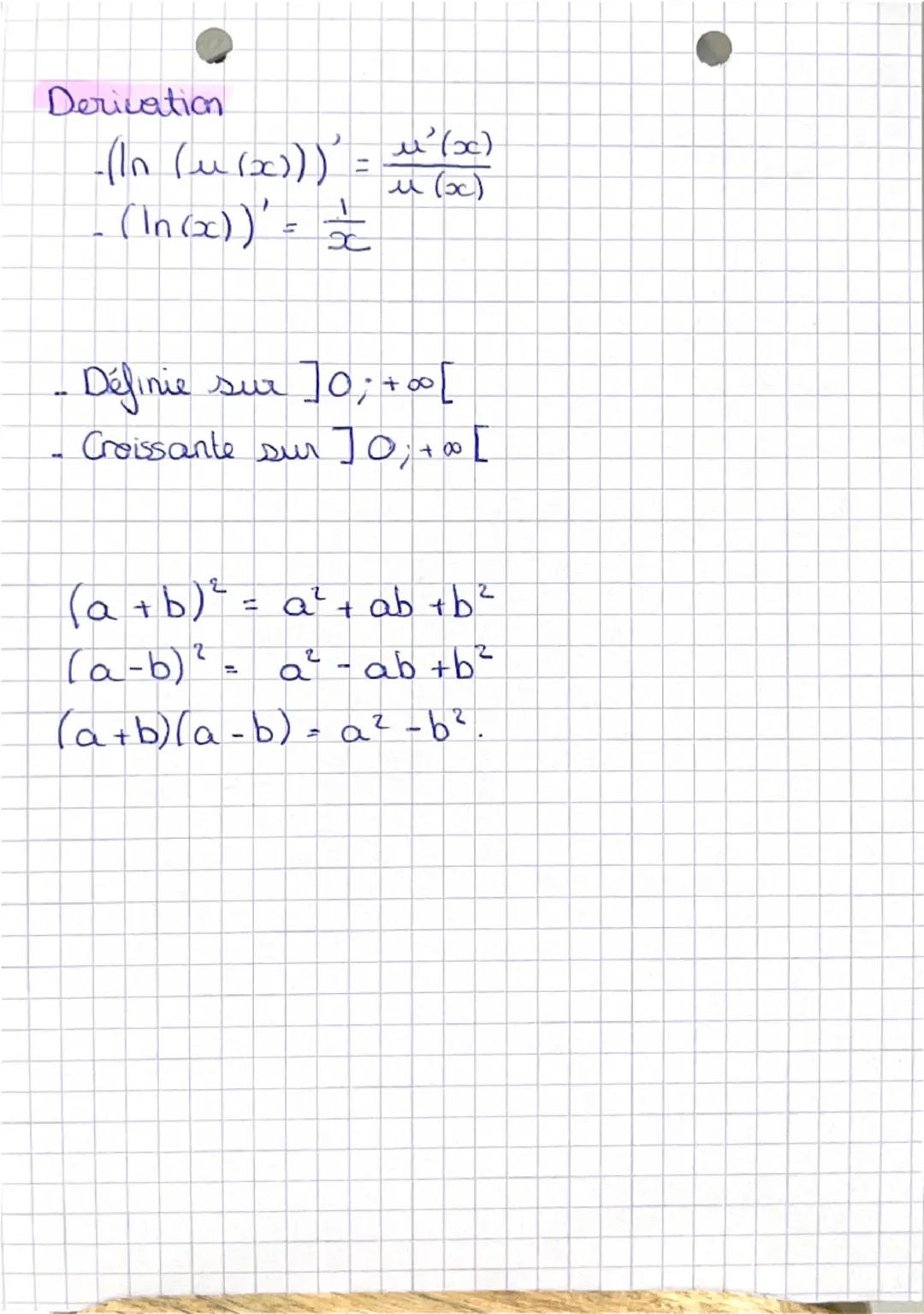 Log arit homen
д
Népériem
e₁ = 1 <=> In (1) = 0
d
=
α (=) \n(e) = 1
In (ex) = x
e
In(s)
=
I
In est toujours croissante.
In (x) 0 <=> x>1
In(