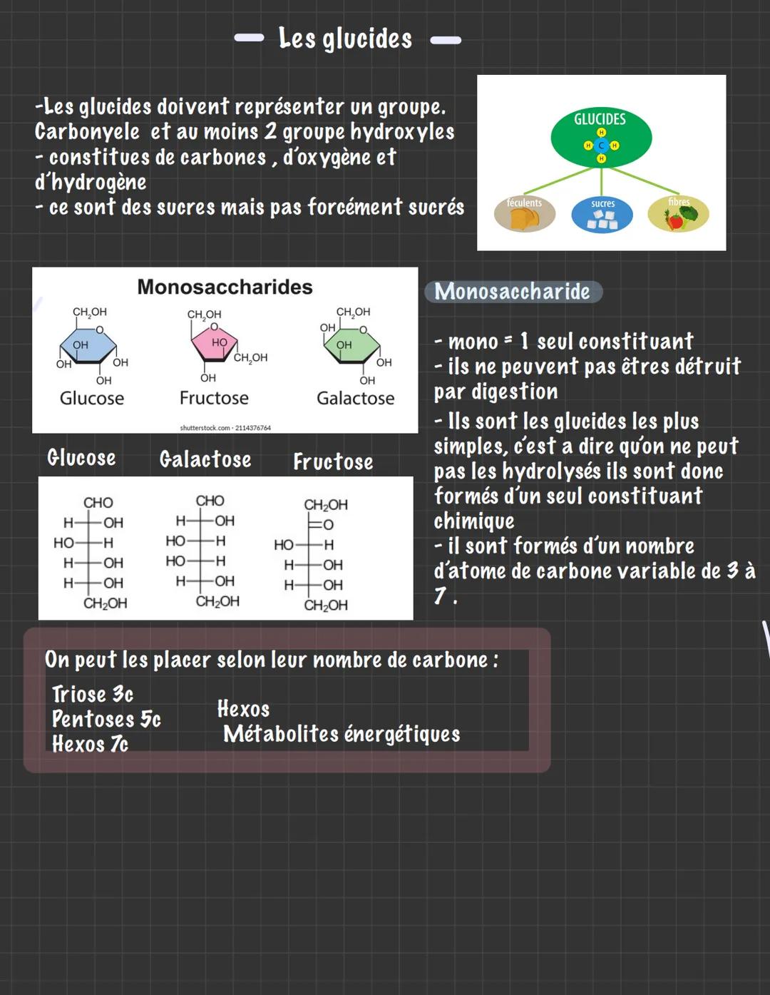 - Les glucides
-Les glucides doivent représenter un groupe.
Carbonyele et au moins 2 groupe hydroxyles
- constitues de carbones, d'oxygène e