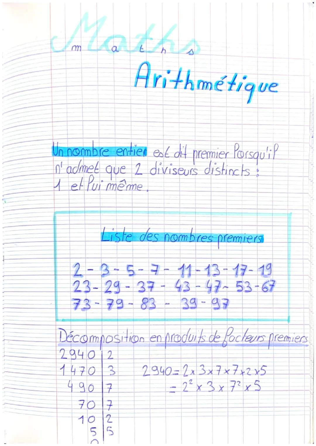 Maths
Arithmétique
Un nombre entien est dit premier Porsqu'il
n'admet que 2 diviseurs distincts :
1 et Pui même.
Liste des nombres premiers