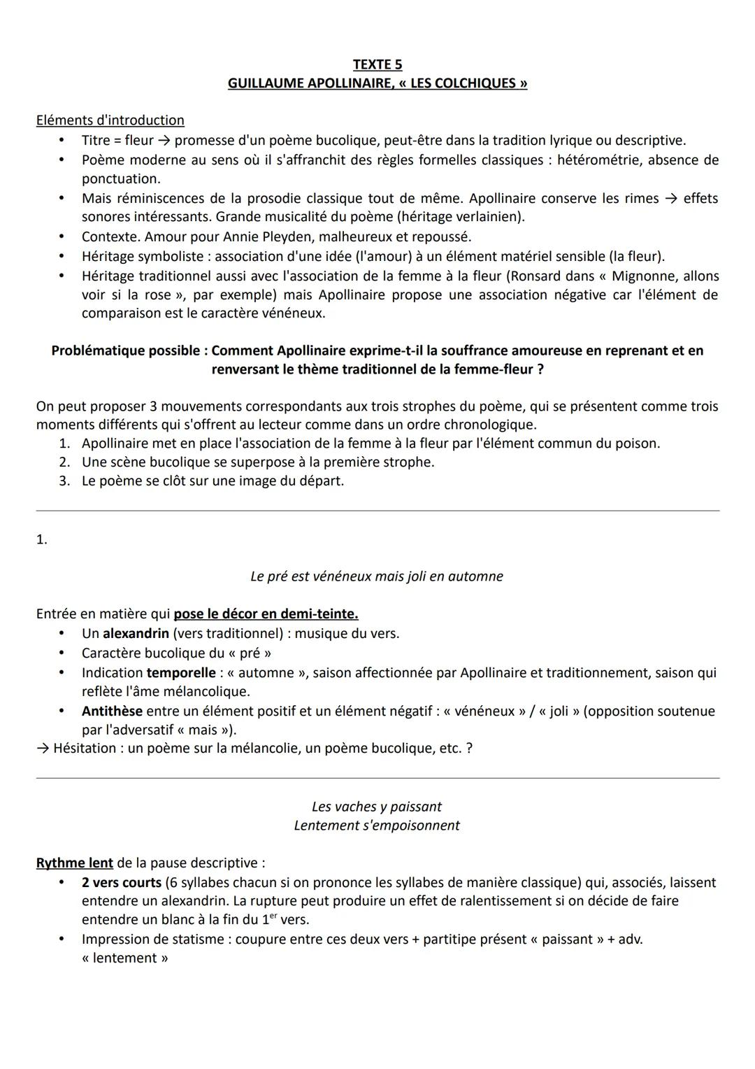 TEXTE 5
GUILLAUME APOLLINAIRE, « LES COLCHIQUES >>
Eléments d'introduction
* Titre = fleur → promesse d'un poème bucolique, peut-être d