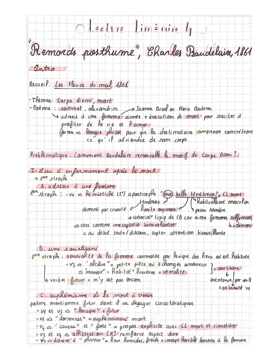 # Lecture Linicaise y
"Remords posthume", Charles Baudelaire, 1861
Intro
Recueil: Les Fleurs du mal, 1861
-Thèmes: Carpe diem, mort
- P