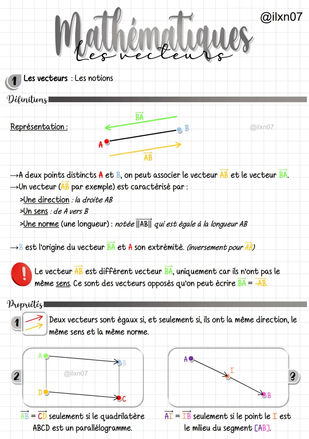 Mathématiques
Les vecteurs
@ilxn07
# 1 Les vecteurs : Les notions
## Définitions!
### Représentation :
@ilxn07
→ A deux points distinct
