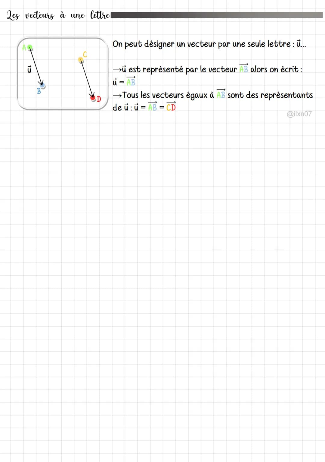 Mathématiques
Les vecteurs
@ilxn07
# 1 Les vecteurs : Les notions
## Définitions!
### Représentation :
@ilxn07
→ A deux points distinct