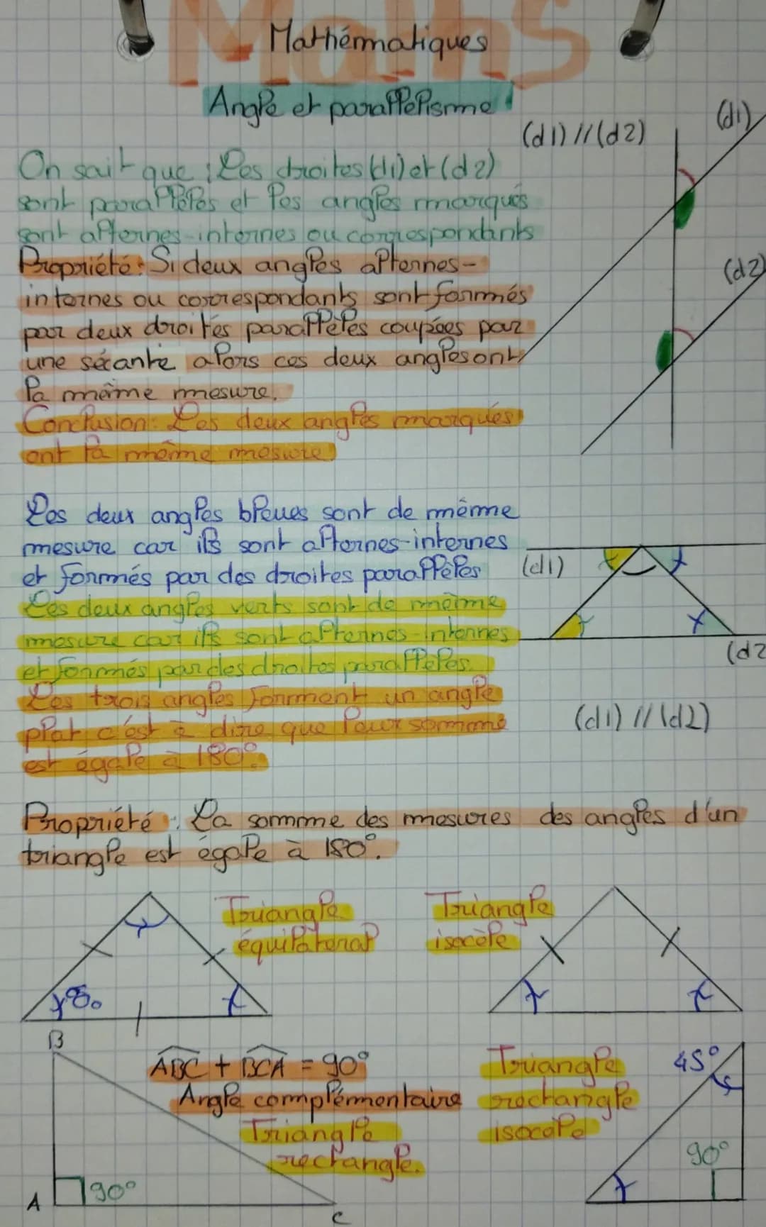 # Mathématiques
## Angle et paraffelisme
$(dl) // (d2)$
$(d1)$
On sait que : Les droites $(di)$ et $(d2)$
sont paraplètes et Pos angles marq