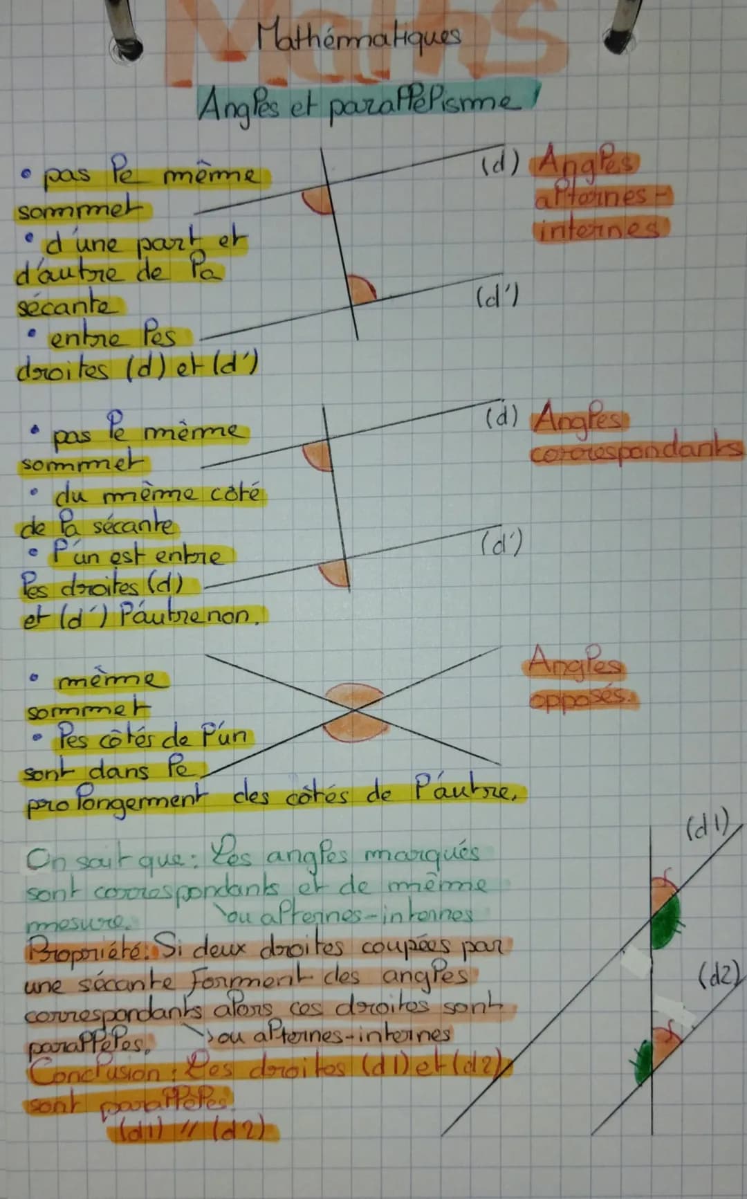 # Mathématiques
## Angle et paraffelisme
$(dl) // (d2)$
$(d1)$
On sait que : Les droites $(di)$ et $(d2)$
sont paraplètes et Pos angles marq