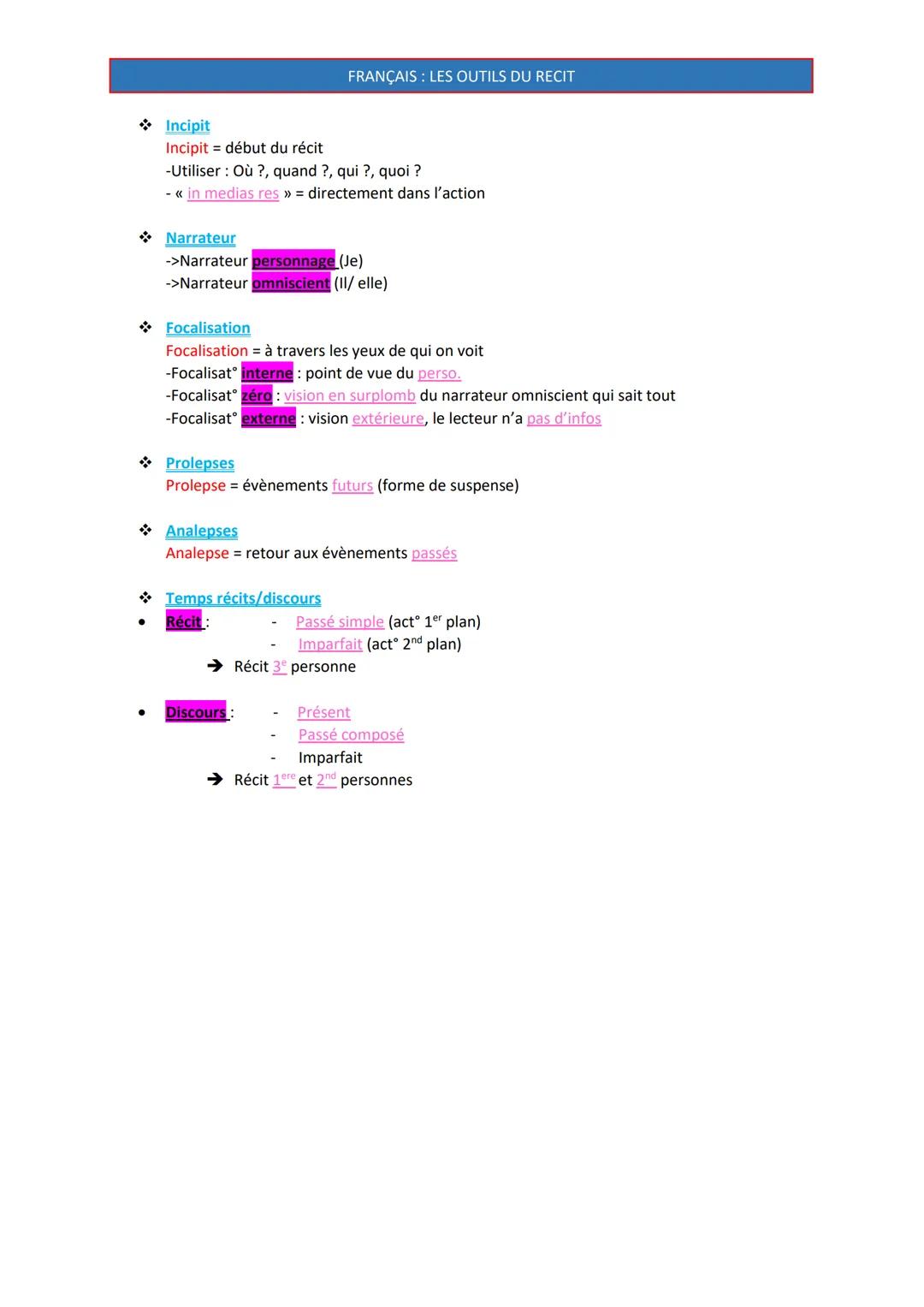 Incipit ܀
Incipit début du récit
-Utiliser : Où ?, quand ?, qui ?, quoi ?
- << in medias res »> = directement dans l'action
Narrateur ܀
->Na