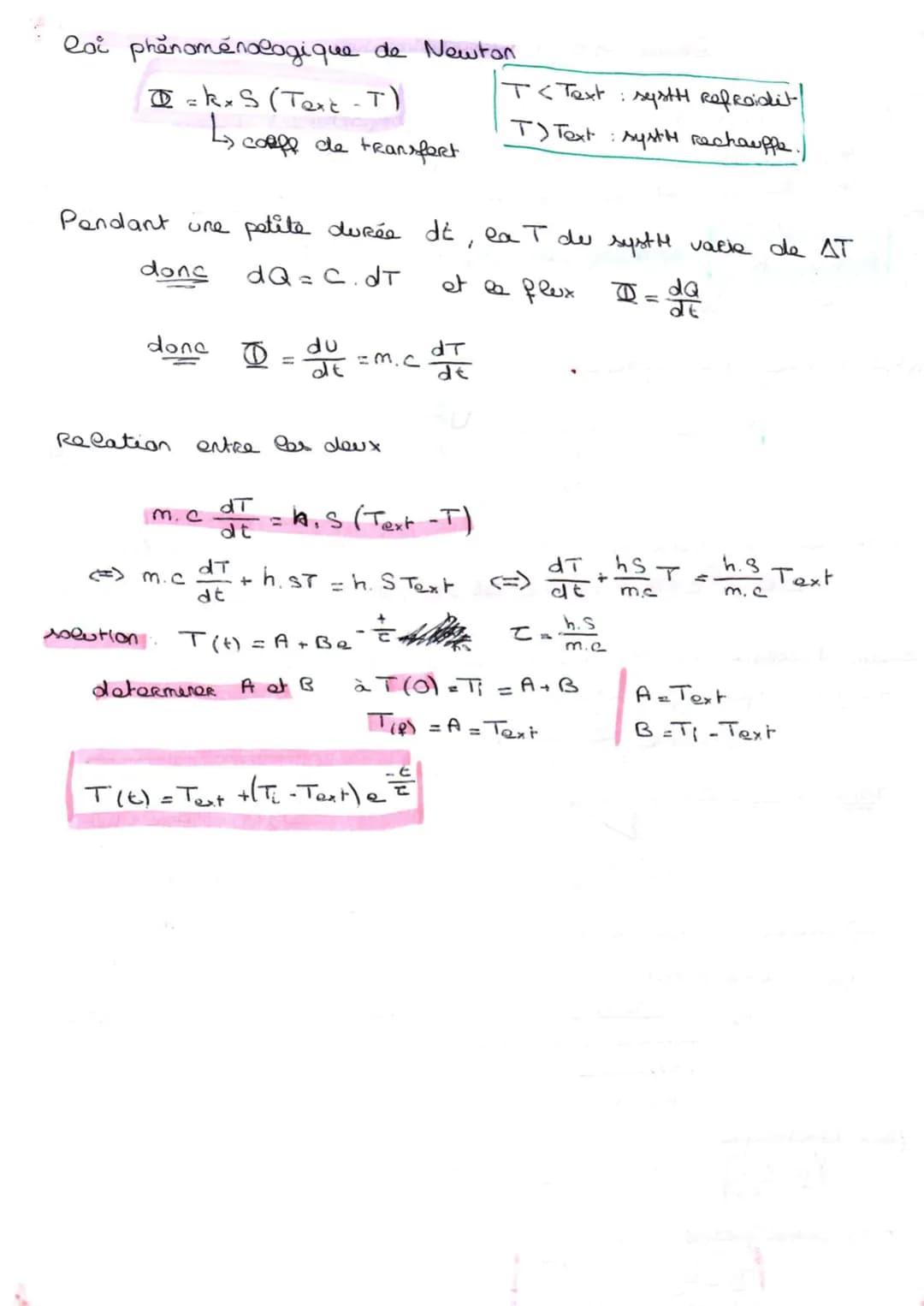 Loi phénoménologique de Newton
$\Phi = k.S (T_{ext} - T)$
$\rightarrow$ coeff de transfert
T < Text : systH refroidit-
T > Text : systH rech