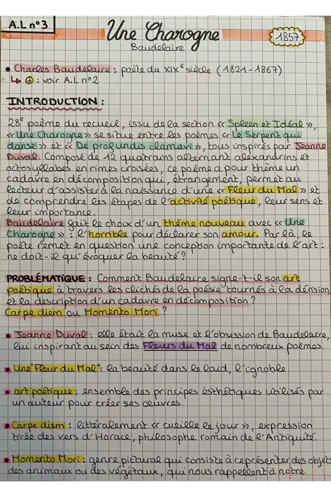cadavre en décomposition
# Analyse linéaire 3: UNE CHAROGNE, Baudelaire
## Une Charogne
apostrophe -> Rappelez-vous l'objet que nous vîme